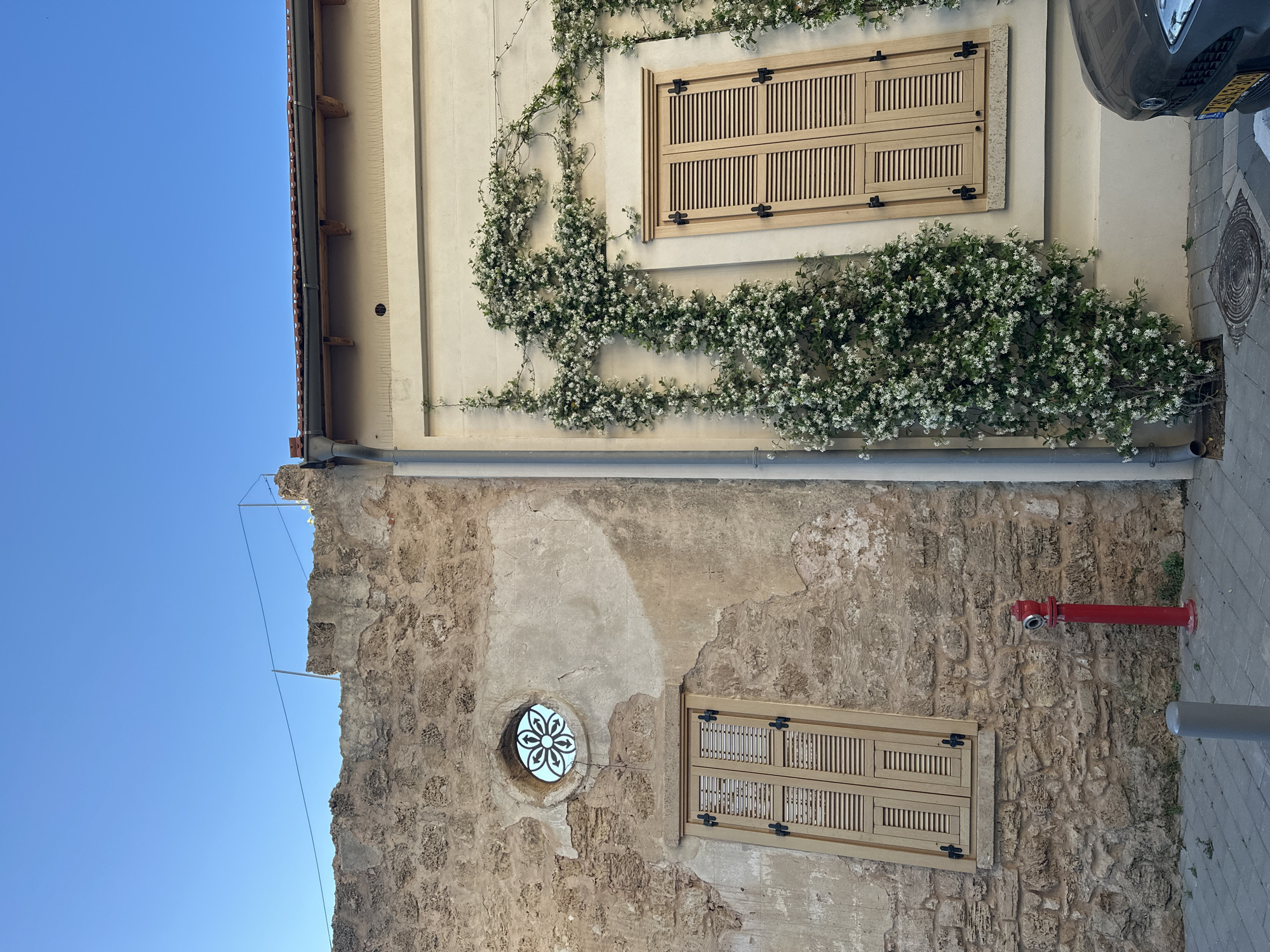 The image displays a sunny street scene in Tel-Aviv, Israel, featuring two adjacent building facades under a clear, bright blue sky. The perspective is angled upwards, highlighting the architectural details and contrasting textures.
The upper building exhibits a smooth, light-colored stucco exterior, densely covered with vibrant green vines adorned with numerous small white blossoms, resembling jasmine. Two rectangular windows with closed, slatted wooden shutters are set within this wall, framed by the climbing foliage. A dark downspout is visible on the left edge of this structure. Partially visible at the top right is a dark car with a yellow license plate, though specific characters are indistinct.
Below, an older building presents a rougher aesthetic with a textured stone wall, sections of which show crumbling plaster, revealing the underlying masonry. This wall features a rectangular window with closed wooden shutters, mirroring the style of the upper building. To its left, a distinctive circular window contains an ornate metal grill with a symmetrical, flower-like design. A bright red fire hydrant stands against the stone wall on the right side. Paved ground is visible near the bottom right.
The bright, direct sunlight suggests a clear day, likely midday or early afternoon. The blend of old stone and modern stucco, along with the traditional shutters and flowering vines, creates a charming, historic Mediterranean urban atmosphere.