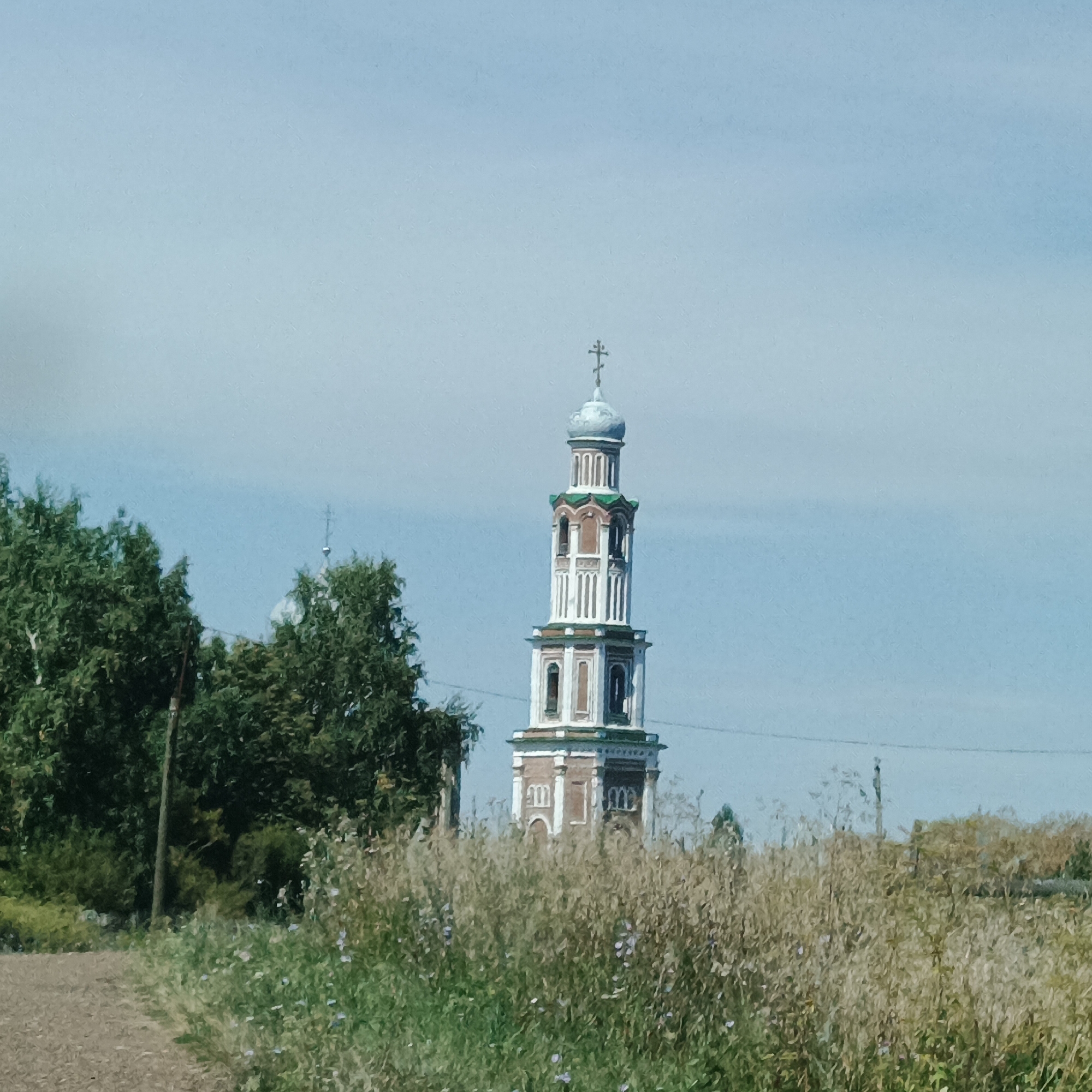 The image captures a view of a tall, multi-tiered bell tower with a cross on top, situated in the village of Tugustemir, Russia. The tower is primarily white with brown architectural details and green accents. It stands against a clear, pale blue sky. To the left of the tower, a dense cluster of lush green trees is visible, with a few bare branches or poles interspersed. In the foreground, a path or dirt road is partially visible on the left, leading towards the bell tower. The middle and right foreground are filled with tall, dry grass and some flowering plants, suggesting a rural or semi-rural setting. The overall impression is of a serene, perhaps historical, landscape dominated by the prominent bell tower.