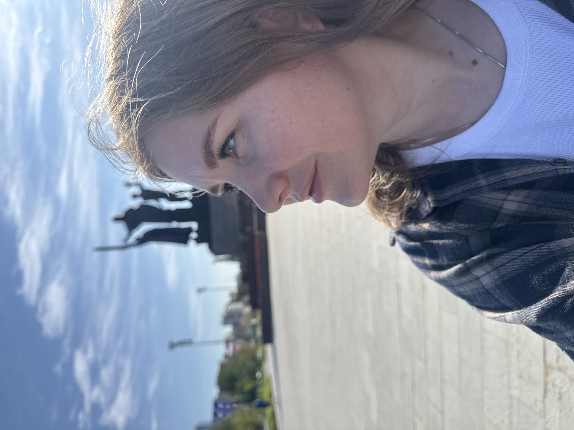 This outdoor portrait features a young woman, positioned on the right side of the frame and looking towards the left. Her head is tilted slightly downwards, showcasing her profile. She has light brown or blonde hair, strongly backlit by sunlight, creating a luminous effect around her head and flyaways. Her skin is fair, and she has a subtle, closed-mouth smile. Her blue or green eye is visible. She wears a white ribbed tank top and a dark blue and white plaid shirt over it, with a delicate silver chain necklace around her neck.
The background reveals a clear, bright blue sky dotted with scattered white clouds, indicating a sunny daytime scene. To the left, a large, dark-silhouetted monument, appearing to be multiple upright figures, stands prominently against the sky. A wide, light-colored paved area, likely a plaza or square, extends from the foreground into the mid-ground. Distant urban elements like buildings and trees are faintly visible further back. The lighting is strong and natural, suggesting mid-morning or afternoon. No discernible text is visible in the image. The scene is set in Perm, Russia, with the monument serving as a significant landmark.