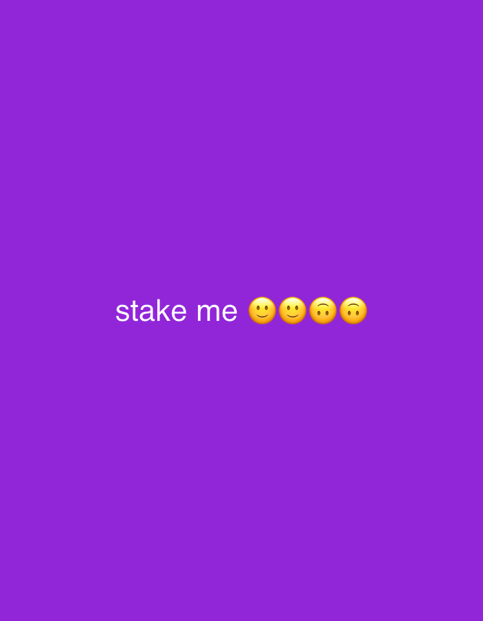 The image is a screenshot of a social media post with a purple background. In the center, the text "stake me" is displayed in white font, followed by four yellow smiley face emojis. The first two emojis have smiling mouths and eyes, the third has a neutral expression, and the fourth has a winking eye. The image does not provide any information about the city of Dragoevo, Bulgaria.