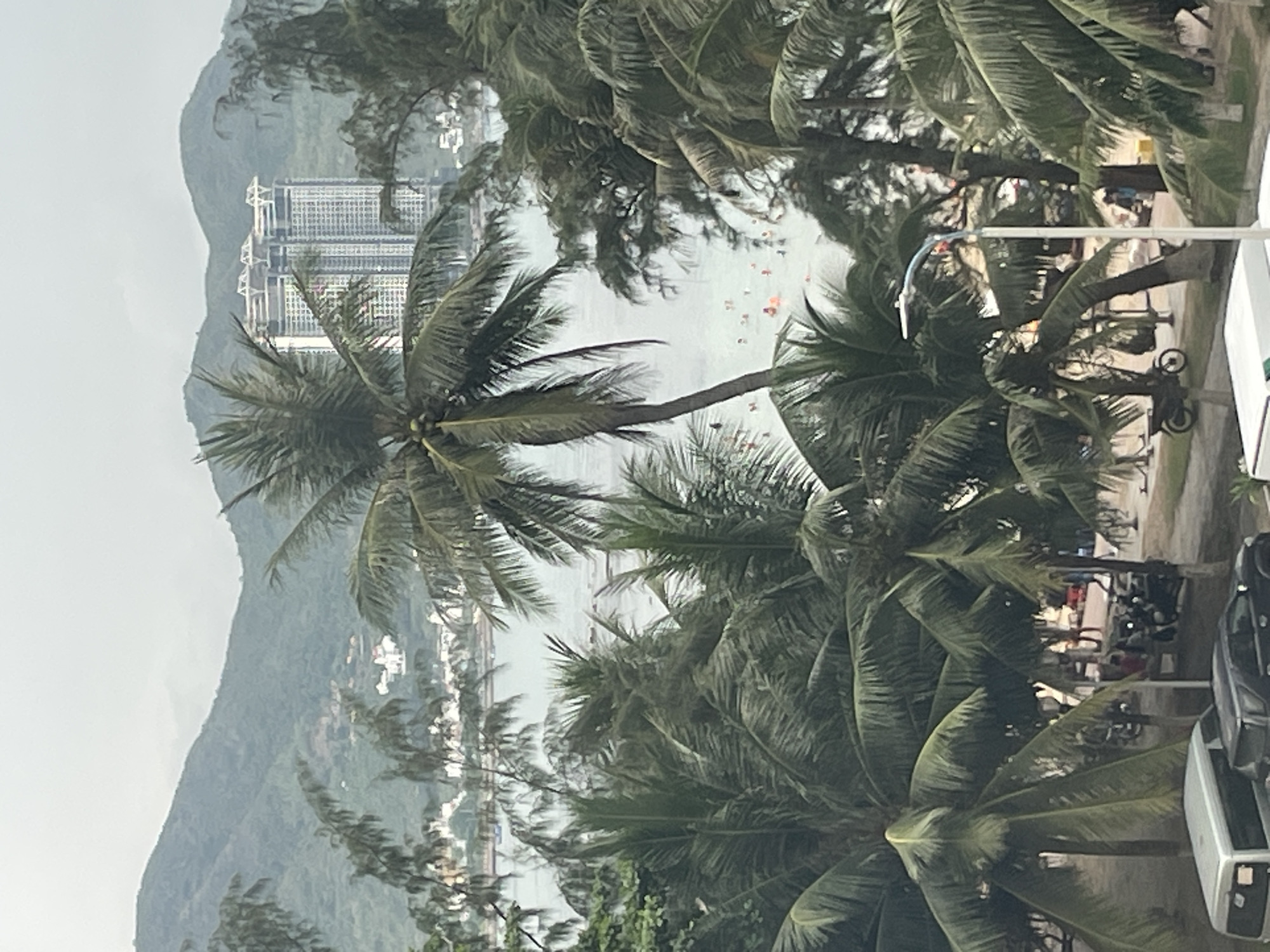 A view of Bac Nha Trang Ward, Vietnam, seen through palm trees. Mountains and city buildings are visible in the background. People are on the beach, and parked motorbikes and cars are on the right.