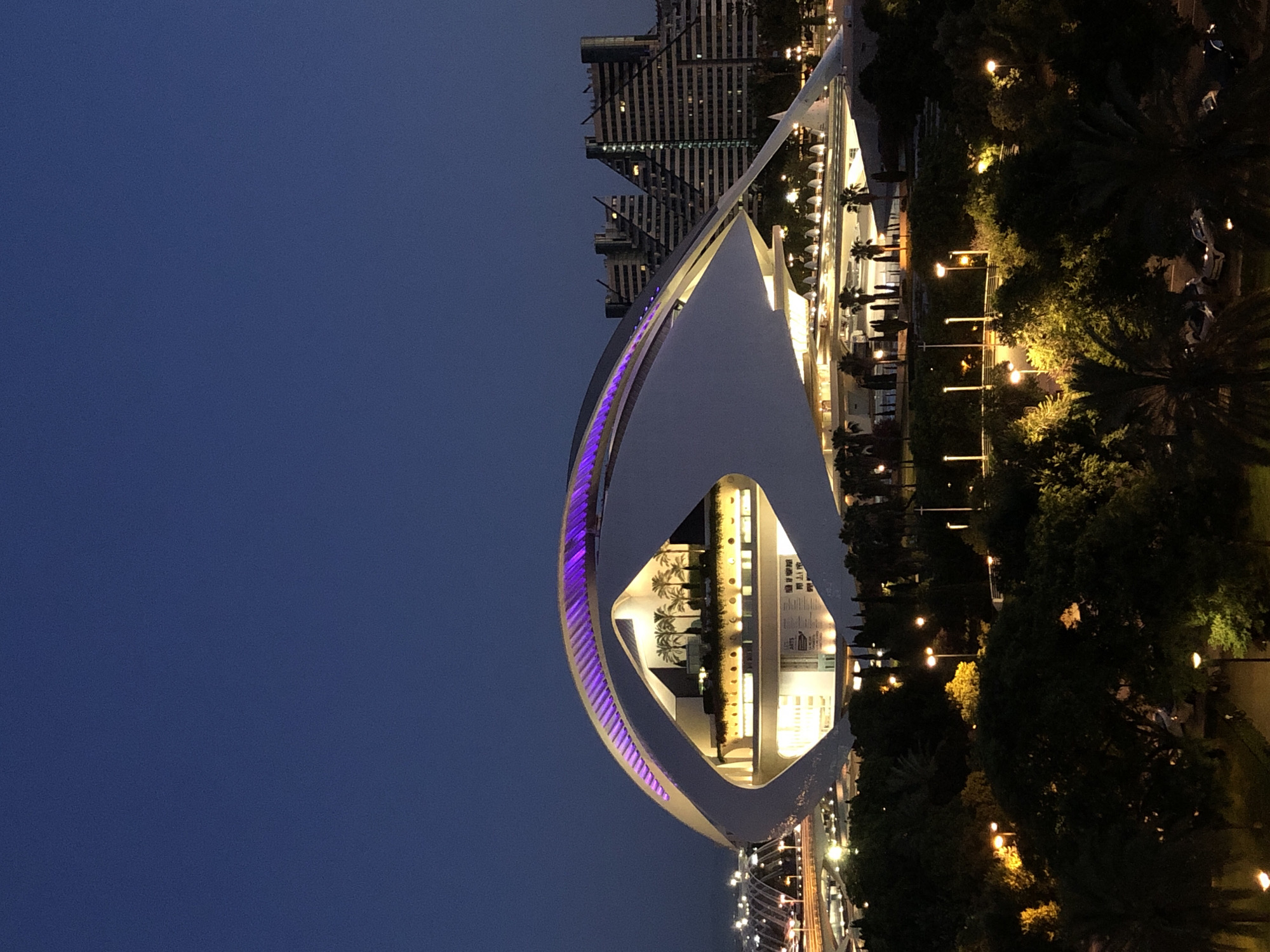The image shows the Hemisfèric building at the City of Arts and Sciences in Valencia, Spain, at dusk. The building is illuminated with purple lights along its upper edge and yellow lights from within. Several palm trees are visible on a terrace on the building's upper level. In the background, other structures of the City of Arts and Sciences complex, including the Palau de les Arts Reina Sofía, are visible, as are some residential buildings. The foreground features a park with trees, lampposts, and streetlights, along with a few parked cars. The sky is a deep blue, indicating twilight. There are no people clearly visible in the image.