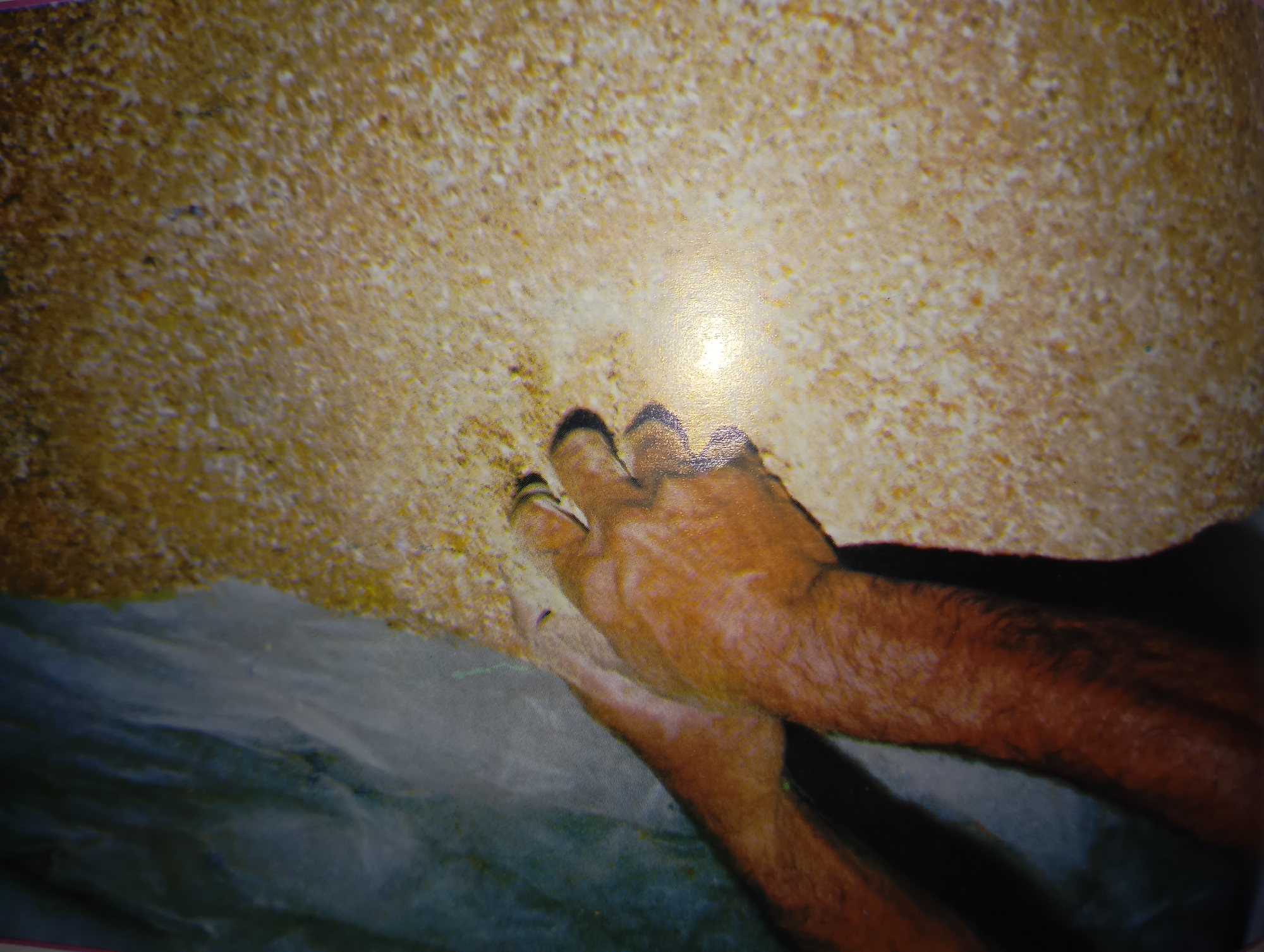 The image shows a close-up of a human hand with visible fur on the arm. The hand is placed on a coarse, granular surface that appears to be mixed with small yellow particles. The texture suggests a material like gravel or dried grains. The background is blurry, with a predominantly dark blue or green hue, possibly indicating a tarp or ground cover. The lighting creates a bright, almost blown-out highlight on the granular surface, obscuring some details. The image does not contain any contextual information about Dangari, Pakistan.