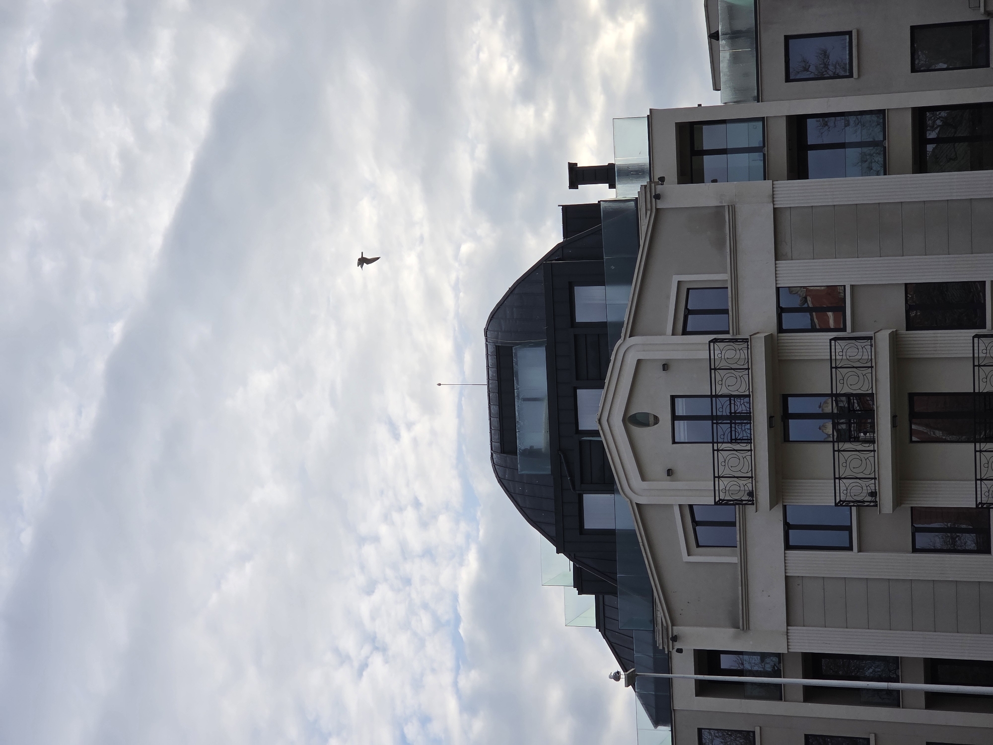 The image depicts a modern building in Varna, Bulgaria, viewed from a low angle. The building is multi-storied with a beige facade and dark window frames, exhibiting architectural details such as decorative molding and balconies with ornate iron railings. A curved, dark-colored roof structure is visible, featuring glass panels. The sky is overcast with textured clouds. A single bird is in flight against the cloudy sky.