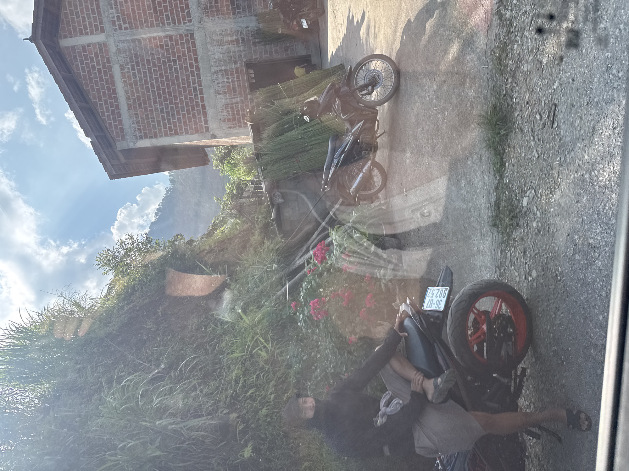 A partially obscured view depicts a scene outside, likely captured through a window. In the foreground, a person in casual clothing (gray shorts, dark shirt) is seated on a black motorcycle with red-rimmed wheels, license plate “25-B7 362.52”. The motorcycle rests on a gravel surface. Further into the scene, additional motorcycles are visible near a building with an unfinished brick facade. Bundles of green reeds lean against the wall beside one of the motorcycles. A verdant hillside, dotted with pink flowers, rises in the background. The image appears to have been taken in the Mậu Duệ Commune of Vietnam due to the presence of the Vietnam license plate on the motorcycle.