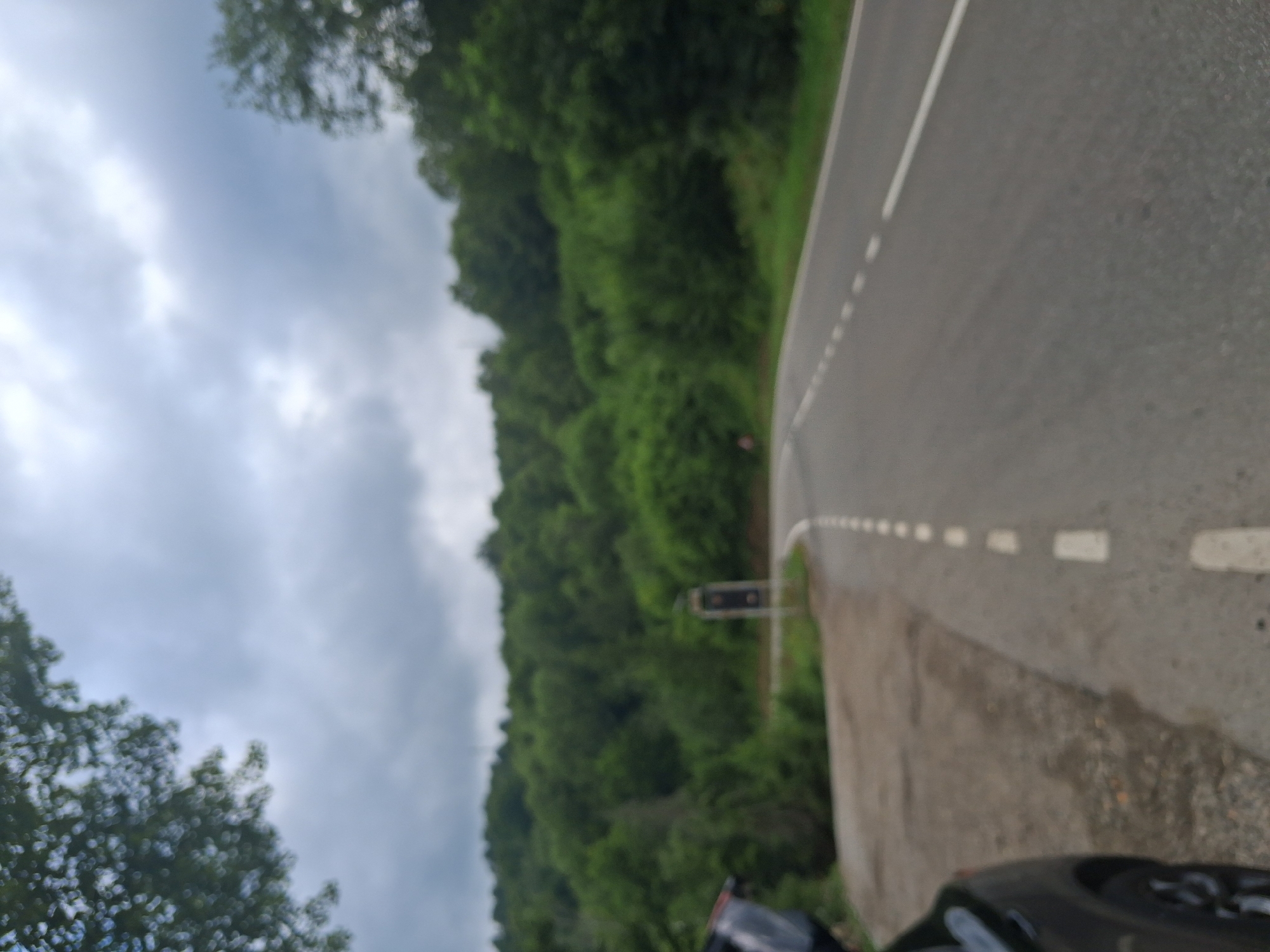 A blurry, overcast outdoor scene shows a paved road curving to the right through a heavily wooded area. On the left side of the road, a dark-colored vehicle is partially visible, parked on a gravelly shoulder. The road itself has a solid white line on the right edge and dashed white lines marking the lanes. In the background, a dense forest of green trees covers rolling hills. The sky is filled with heavy, grey clouds.