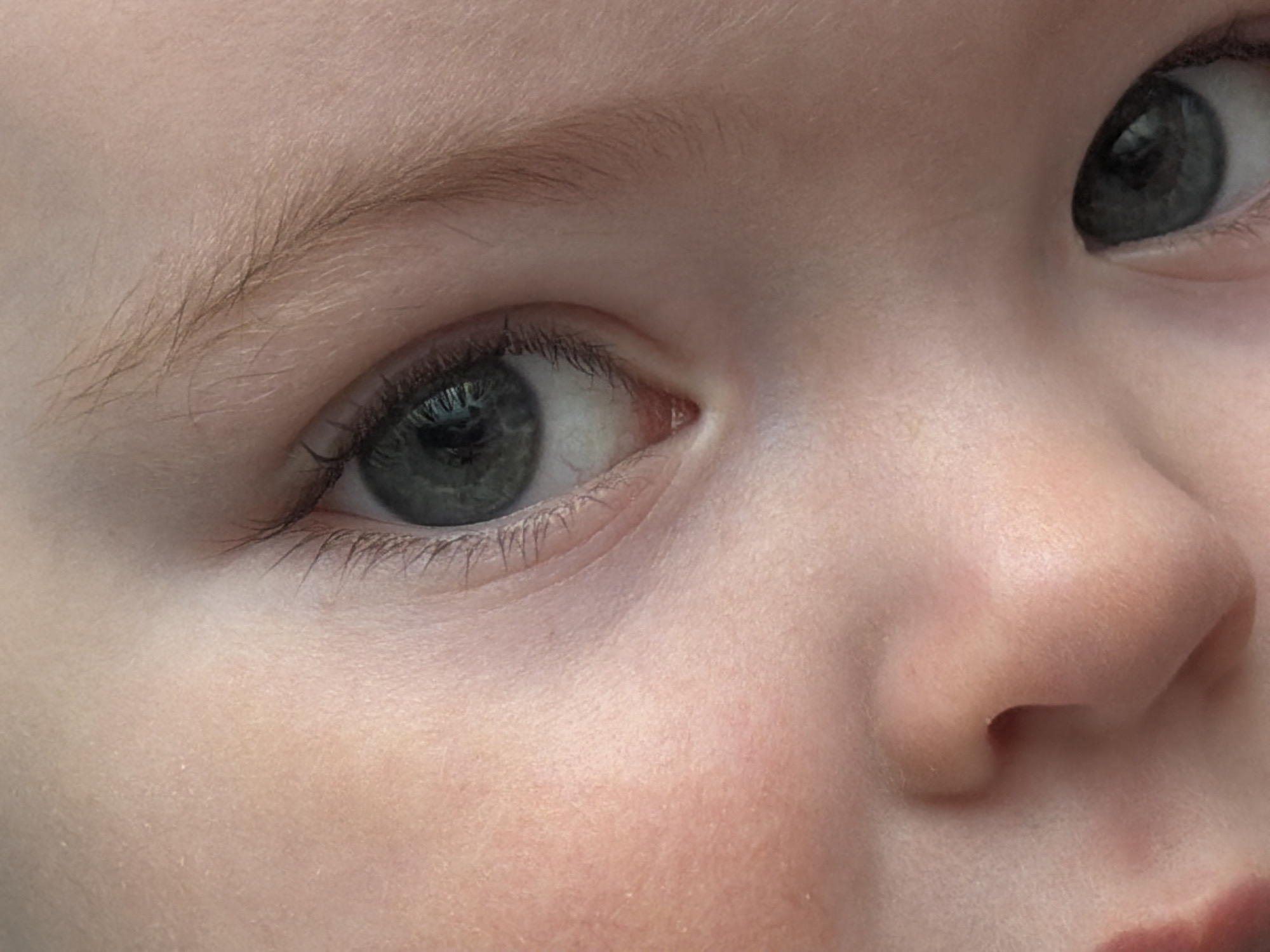 This image presents a close-up, angled view of a human infant's face, located in Votkinsk, Russia. The prominent feature is an open eye, occupying the upper-middle section of the frame, displaying a blue-green iris with a visible pupil reflecting a light source. Fine dark eyelashes are present on both the upper and lower eyelids. The inner canthus of this eye exhibits a reddish lacrimal caruncle. Below and to the left of this eye, the bridge of a small nose and a portion of a nostril are visible. A second, partially visible eye with a similar blue-green iris is present in the lower-right quadrant of the image. The skin across the visible facial areas is light-toned, exhibiting a soft, slightly pinkish complexion, consistent with infant dermal characteristics. Fine vellus hair is discernable on the brow and cheek regions. No other subjects, objects, or environmental details are present in the frame, indicating a shallow depth of field and extreme close-up perspective.