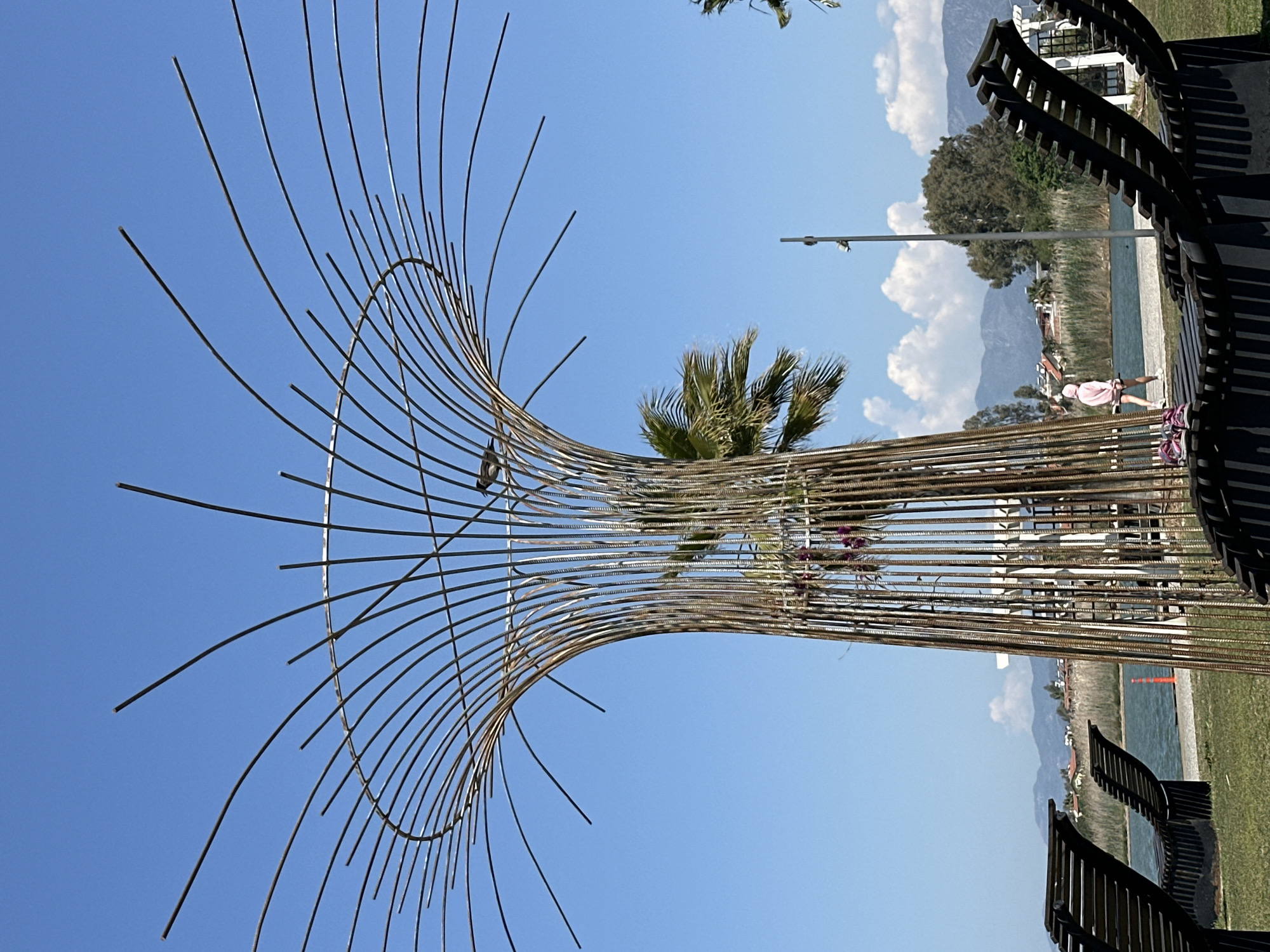 This image captures a vibrant outdoor scene in Fethiye, Turkey, under a clear blue sky dotted with scattered white clouds. The main subject is a large, sculptural installation composed of numerous thin, curved metal rods, possibly rebar, forming an abstract, organic shape that tapers upwards. Its open design allows glimpses of the background through its intricate framework, with some faint greenery possibly intertwined within its structure.
Behind the sculpture, a prominent palm tree stands, contributing to the Mediterranean atmosphere. In the distance, a serene body of water, likely a bay or the Mediterranean Sea, stretches out, its blue-green surface reflecting the sunlight. Beyond the water, a distant coastline featuring buildings and trees gives way to a majestic range of mountains under the cloudy sky.
On the right side of the frame, a dark, wave-like bench or seating structure is partially visible. Near the water's edge in the mid-ground, a person wearing a pink top and shorts stands, seemingly enjoying the view. The scene is illuminated by bright natural sunlight, indicating it is daytime, likely mid-morning or afternoon, given the distinct shadows. The overall impression is one of a scenic, contemporary, and peaceful waterfront setting, combining artistic elements with natural beauty. There is no visible text in the image.