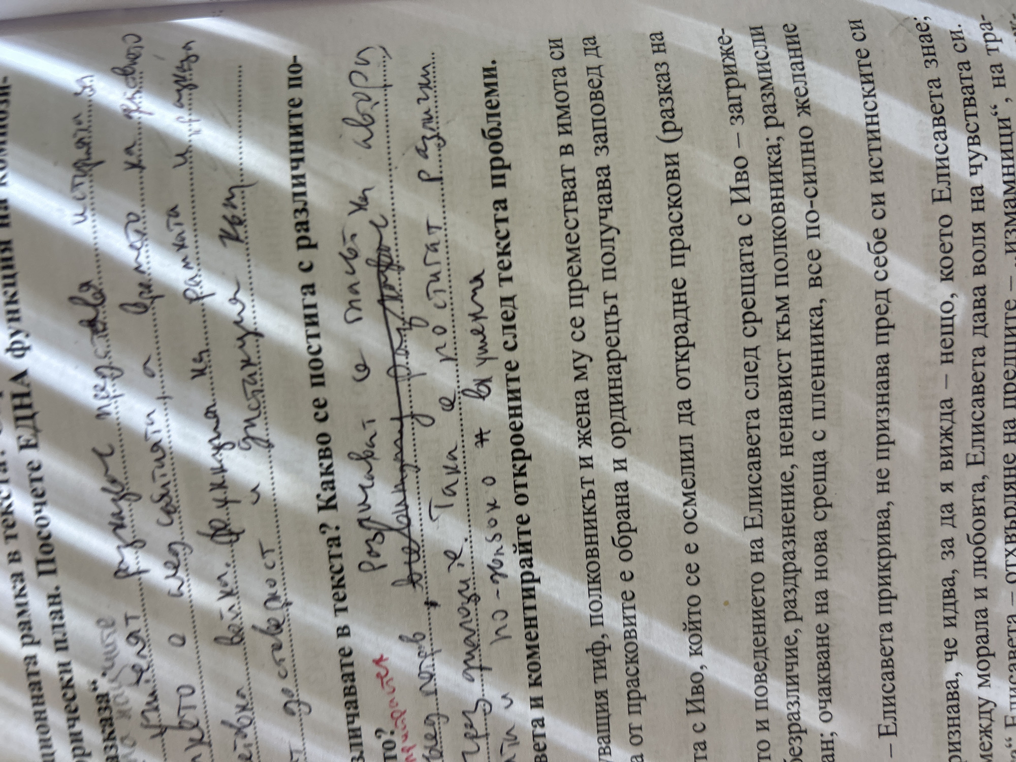 Here is a description of the image:
The image shows a handwritten page in Bulgarian, possibly notes taken from a text. The page contains questions about the text, asking the reader to identify differences and explain how different approaches are achieved. Key phrases and concepts are underlined or highlighted. The text also includes a summary or analysis of the characters' actions and motivations, specifically focusing on a character named Elisaveta and her interactions with others. The notes delve into themes of morality, love, and familial relationships.