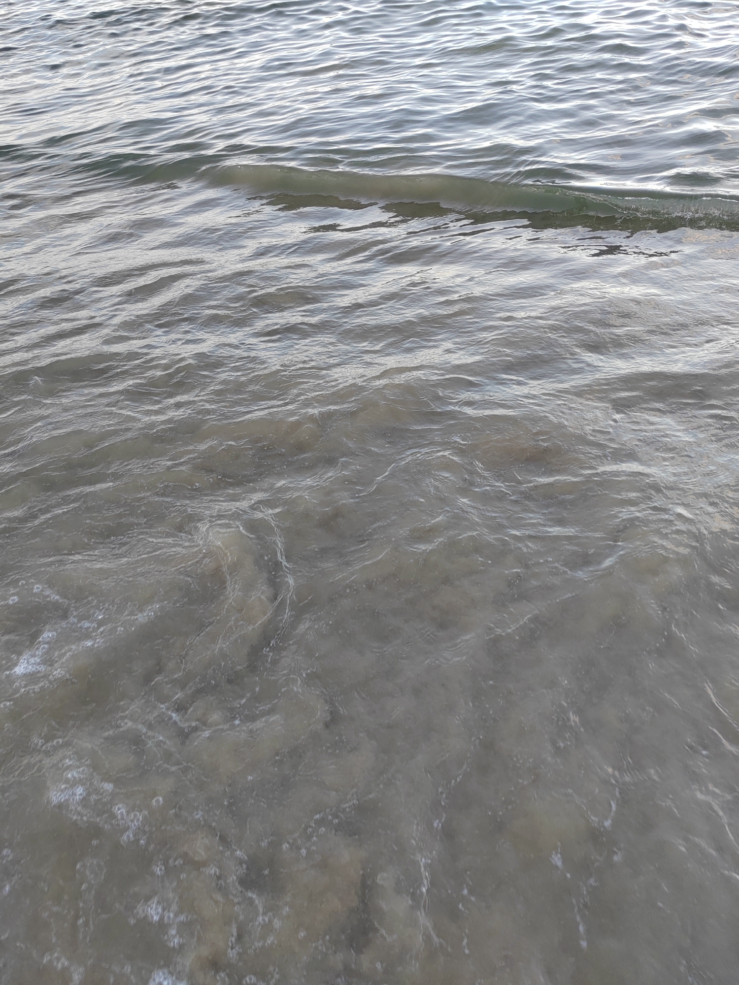 The image shows a close-up view of the sea in Nha Trang, Vietnam. The water is choppy with small waves and appears murky, suggesting it is close to shore or a sandy bottom. The lighting indicates it could be late afternoon or early morning. There are no people or objects visible in the frame, only the texture and movement of the water. The perspective is from above, looking down at the water's surface.