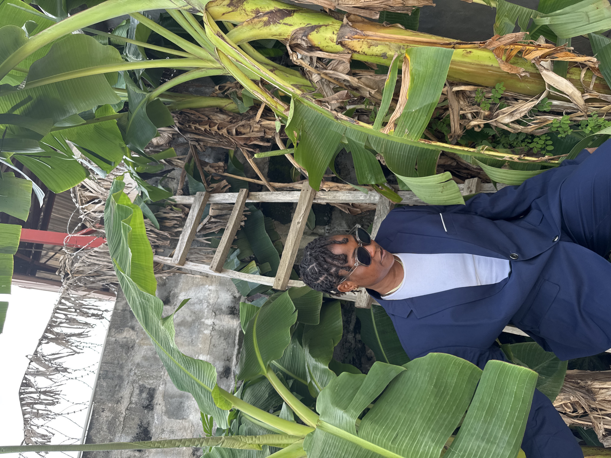 A dark-skinned person, with braided hair, wearing a navy blue suit, white t-shirt, and sunglasses, poses in front of large banana plants. Behind the person, a wooden ladder leans against a concrete wall topped with barbed wire. The setting appears to be a backyard or open space in Ajara, Nigeria. The overall tone of the image is natural and candid, with the subject seemingly enjoying the lush greenery.