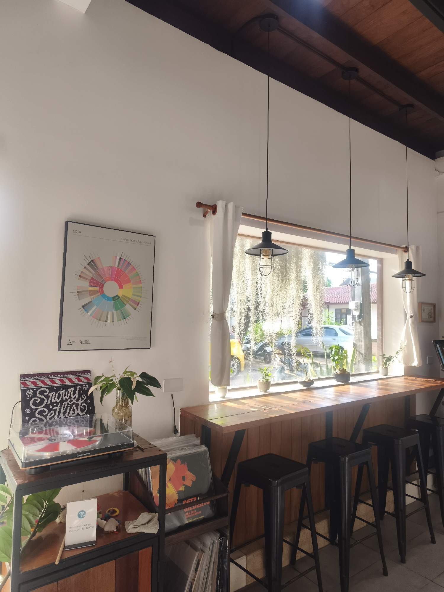 A well-lit interior view of a cafe in Baan Mae Nam, Thailand. A large window occupies a significant portion of the scene, bordered by white curtains and illuminating a wooden countertop bar. Several black metal stools are positioned beneath the bar. A row of potted plants is placed along the countertop. Outside the window, motorbikes and cars are visible through hanging vegetation.
On the left side of the image, there's a framed 'Coffee Taster's Flavor Wheel' poster mounted on the white wall, above a turntable playing a record with a cover that reads "Snowy Setlist". Below the turntable is a wifi sign that reads "Username: Hachiya, Password 9311coffee". The turntable and the sign are on a wooden table. Next to the table with the turntable are records including one that reads "CETZ / BILDENIV".
Three black pendant lights hang from the ceiling above the counter. The wooden ceiling is visible above the pendant lights.