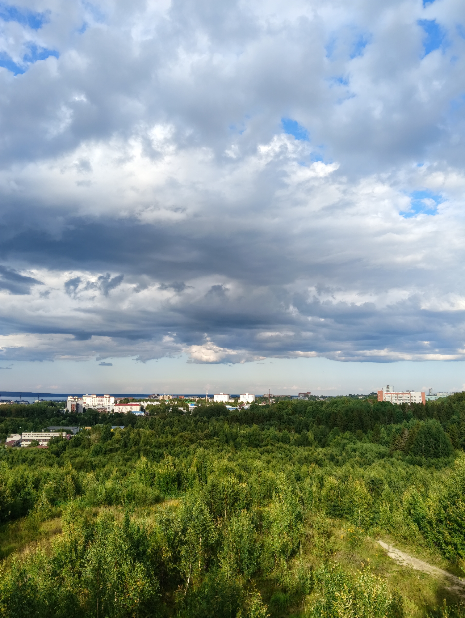 The image depicts a wide aerial view of a cityscape bordered by a dense forest and a body of water, under a cloudy sky. The city, identified as Petrozavodsk, Russia, features numerous multi-story buildings, some of which appear to be residential complexes, with white facades and visible windows. Industrial structures, including what seem to be smokestacks or towers, are also present on the city's horizon. A prominent body of water stretches across the left side of the image, meeting the distant shore. In the foreground, a lush green forest dominates the landscape, with a variety of trees and vegetation. A dirt path winds through the grassy clearing in the lower right quadrant of the image. The sky is filled with a mix of dark, heavy clouds and lighter, brighter patches, suggesting dynamic weather conditions. There are no people or animals visible in the image.