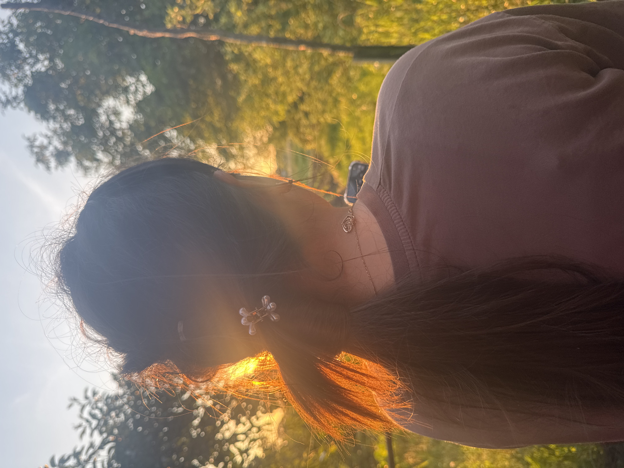The image depicts an individual from behind, facing away from the camera, bathed in the warm, golden light of either sunrise or sunset. The setting is outdoors amidst natural greenery.
The individual, whose gender is not explicitly identifiable but appears to be female, has long, dark hair pulled back into a low ponytail. Loose strands and wisps of hair around the head are illuminated by the strong backlighting, creating a prominent halo effect and highlighting the texture of the hair. A small, clear or translucent plastic claw clip with a multi-pronged design is visible in the hair, securing some strands just above the ponytail.
The individual is wearing a plain, long-sleeved, crew-neck garment, appearing to be a t-shirt or sweatshirt, in a muted brown, taupe, or mauve color. A thin, silver-toned necklace with a small, intricate pendant (resembling intertwined hearts or a similar emblem) rests on the back of the neck, atop the shirt collar.
The environment consists of blurred green foliage in the background, indicative of trees, bushes, or other natural vegetation. The soft focus on the background emphasizes the central figure and the dramatic lighting. The intense golden light from the sun, which is just out of frame or obscured by the subject's head, casts a warm, orange glow across the scene, particularly on the illuminated edges of the hair and plants. A vertical, slender, dark object, possibly a tree trunk or fence post, is partially visible on the right side of the frame, also catching some of the golden light.
There are no discernible visual identifiers within the image to confirm or refute the specified location as Ohuivka, Ukraine. The scene presents a generic outdoor landscape.