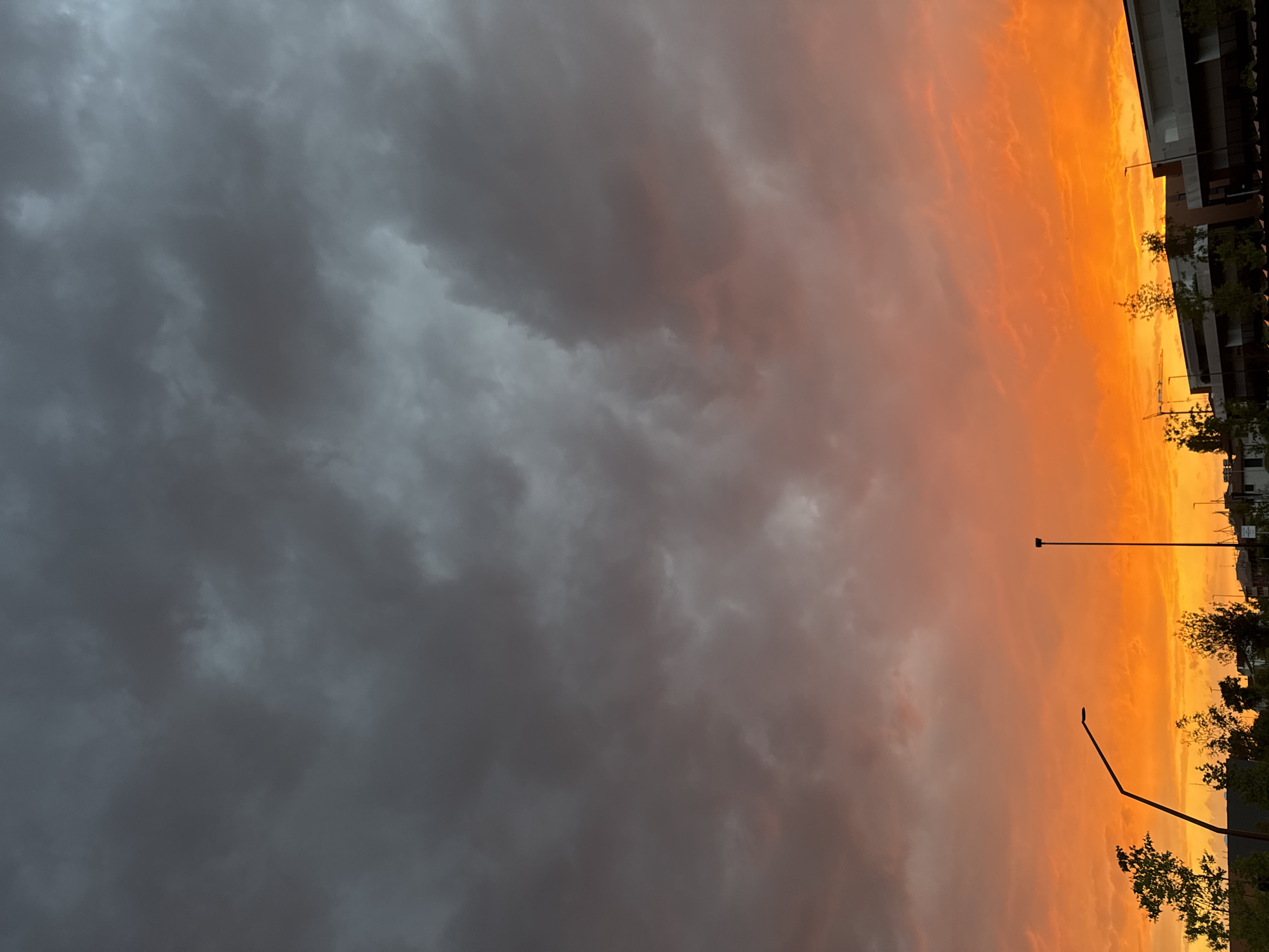 This image captures a sunset over Mejaniga, Italy. The sky is dominated by a dramatic gradient of colors, transitioning from dark, moody gray clouds at the top to a vibrant, fiery orange and yellow near the horizon. Scattered trees and buildings are silhouetted against the bright sky, with streetlights visible. The scene appears to be an urban or suburban landscape. There are no visible people in the image.