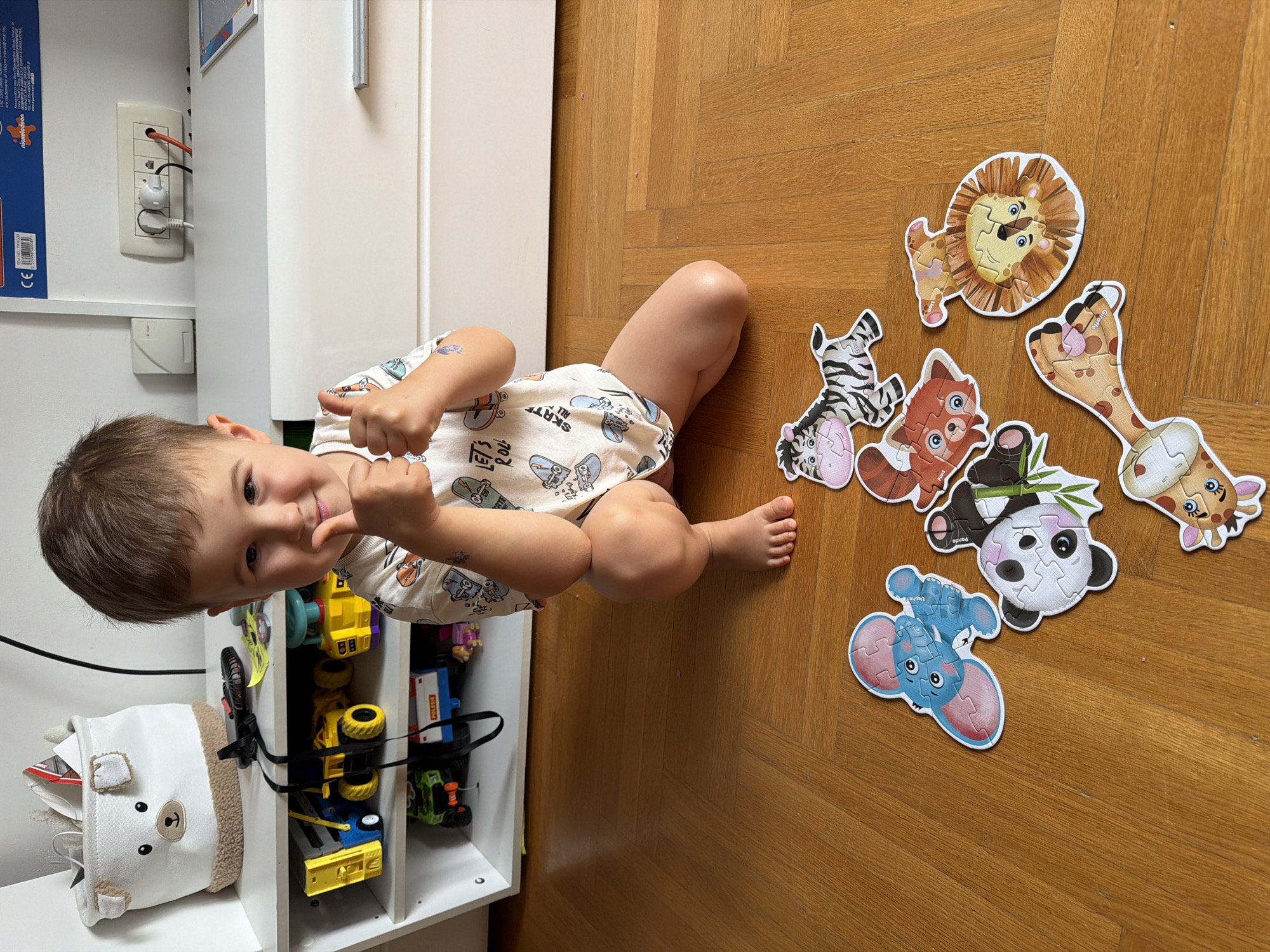 A young child sits on a wooden floor next to a collection of animal-shaped jigsaw puzzle pieces, including a lion, zebra, fox, panda, giraffe, and elephant. The child is looking at the camera, with one hand raised to his face. A white storage unit filled with toys and other items is located nearby. The scene is indoors, likely in a home. Although Budva, Montenegro is requested in the prompt, no evidence of the location is present in this image.