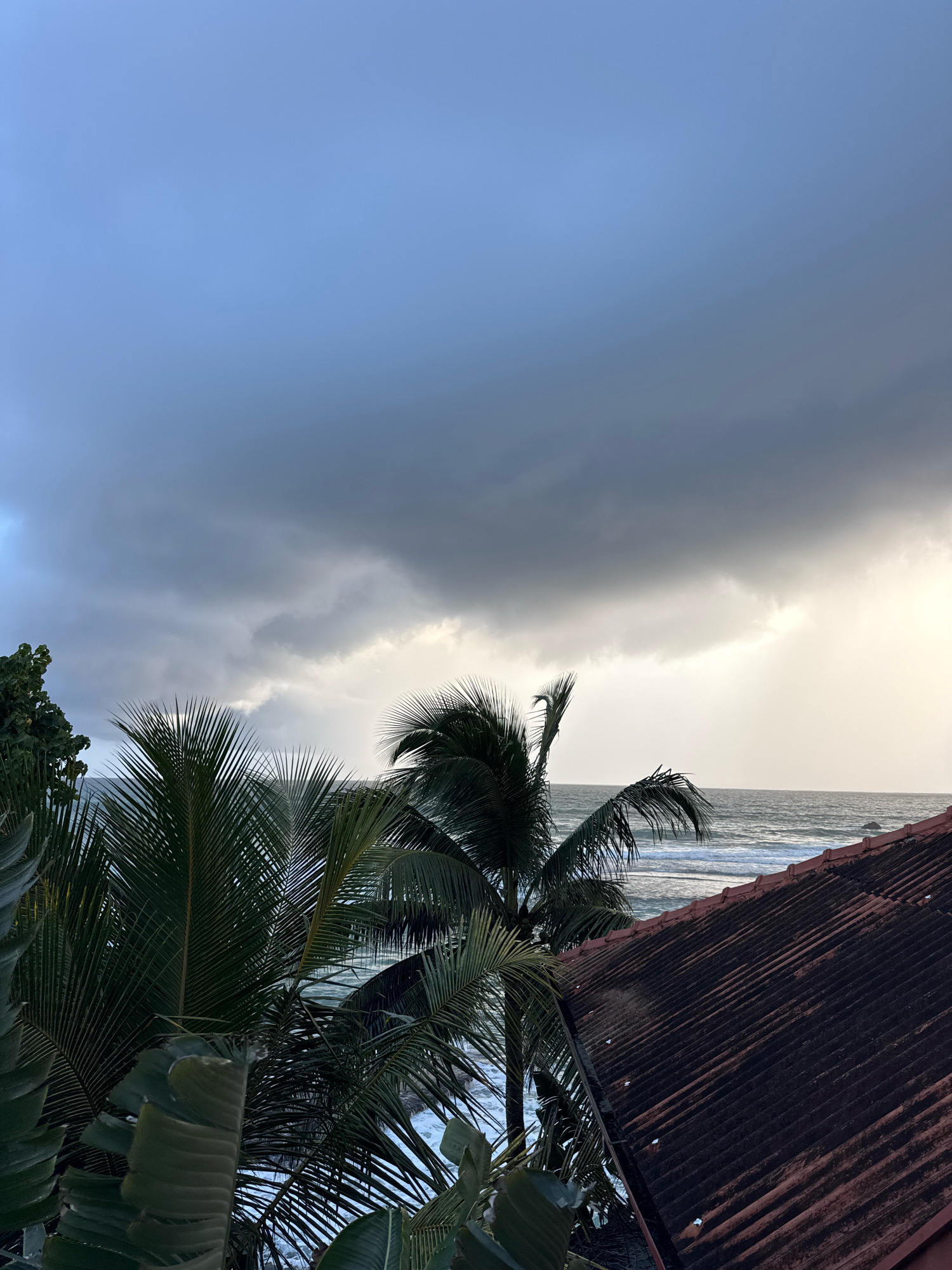 A view from a balcony in Goviyapana, Sri Lanka, shows palm trees and a red tile roof in the foreground. The ocean is visible behind the trees, with waves breaking on the shore. The sky is cloudy and overcast, with a sliver of sunlight breaking through on the right side.