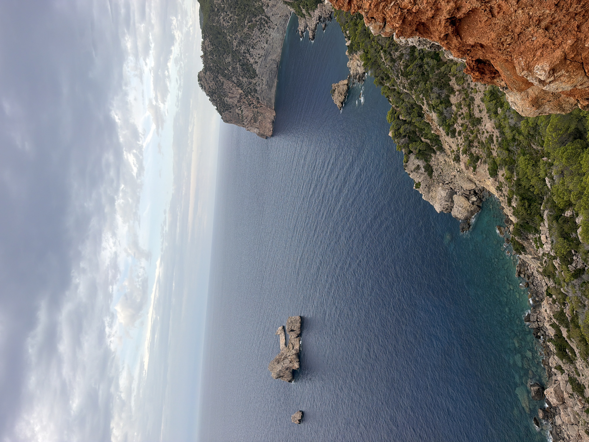 A high-angle, wide shot captures a rugged coastal landscape under a cloudy sky. The deep blue sea dominates the left and center of the frame, with a series of rocky islands emerging from the water in the mid-left. To the right, a steep, rocky cliff face covered in green vegetation slopes down to the sea. The foreground is composed of a rocky, reddish-brown cliff, lush with green shrubs and trees. The sea is calm, with gentle ripples. The sky is overcast with grey clouds, interspersed with patches of lighter sky. The scene appears to be a natural, undeveloped coastal area. This location is likely on the western coast of Ibiza, near Sant Antoni de Portmany, Spain, given the characteristic rocky coastline and the presence of small islands. There are no people or animals visible in the image.