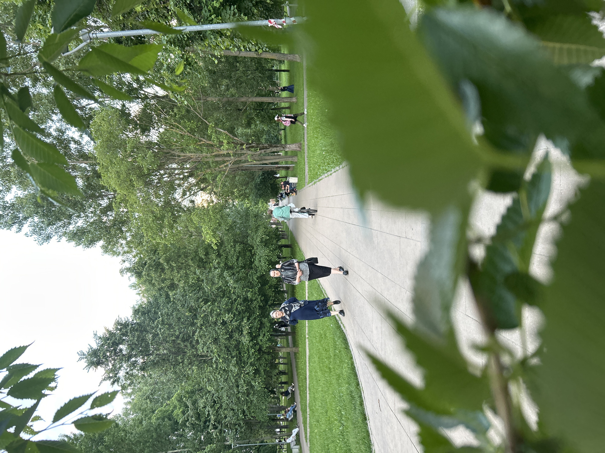 The image captures an outdoor park or promenade scene, viewed from a slightly elevated perspective, with prominent, out-of-focus green leaves framing the foreground. A wide, paved path, likely a sidewalk or walkway, stretches from the bottom of the frame into the background. On both sides of the path are expansive grassy areas, bordered by numerous tall, leafy trees that create a lush, green environment.
Several people are visible engaging in various leisure activities. In the foreground, two women walk along the paved path, both looking towards the camera. One woman wears a blue dress with a white head covering and black shoes. Beside her, another woman is dressed in a black skirt, a black and white striped top, and a dark head covering. Further down the path, a person rides a unicycle. Beyond them, other individuals are scattered throughout the park; a person in a pink top and dark bottoms with a backpack appears to be walking or running in the grassy area to the left of the path, while others are seen sitting on benches under the trees in the distance.
The time of day appears to be daytime, possibly late afternoon or early evening, indicated by the soft, diffused light and the bright, overcast sky visible through the tree canopy. The weather seems mild and pleasant. The scene suggests a public park used for recreation and relaxation. No discernible text is visible within the image.