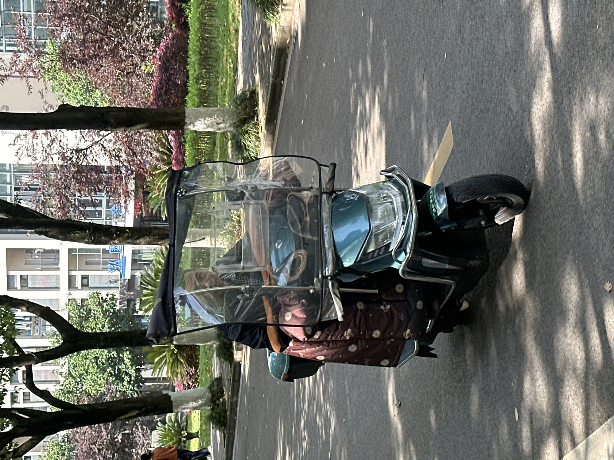 The image depicts a street scene in Jiangjin, China, on a sunny day, with long shadows cast across the paved road, suggesting morning or late afternoon. The main subject is a dark green electric tricycle, fitted with a clear plastic canopy. A person is driving the tricycle; they are partially obscured but appear to be wearing a dark top, and the front of the vehicle is covered with a dark, patterned fabric featuring white floral designs.
The tricycle is on a paved road, bordered by a sidewalk and green verges with trees and bushes, some of which have reddish-brown foliage. In the background, several multi-story buildings with numerous windows are visible, indicating an urban or residential environment. A faint figure, possibly a pedestrian wearing an orange top, can be seen in the far left distance.
On the front of the electric tricycle, a small green plate with white characters, likely a license or registration, is attached; a "10" is partially visible. On one of the buildings in the background, a blue sign with white Chinese characters is present, but the text is too blurry to be clearly deciphered.