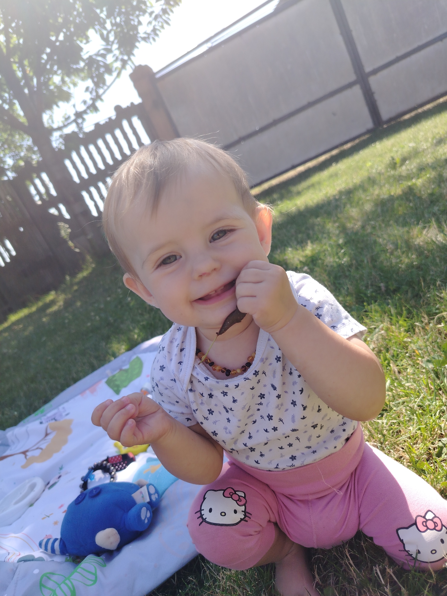 In Molodiia, Ukraine, a baby is sitting on a blanket in a grassy yard. The baby is wearing a white and blue patterned shirt and pink pants with Hello Kitty designs. The baby is holding a leaf in their mouth and looking at the camera with a smile. A blue stuffed toy is visible on the blanket. A wooden fence and trees are in the background, with bright sunlight illuminating the scene.