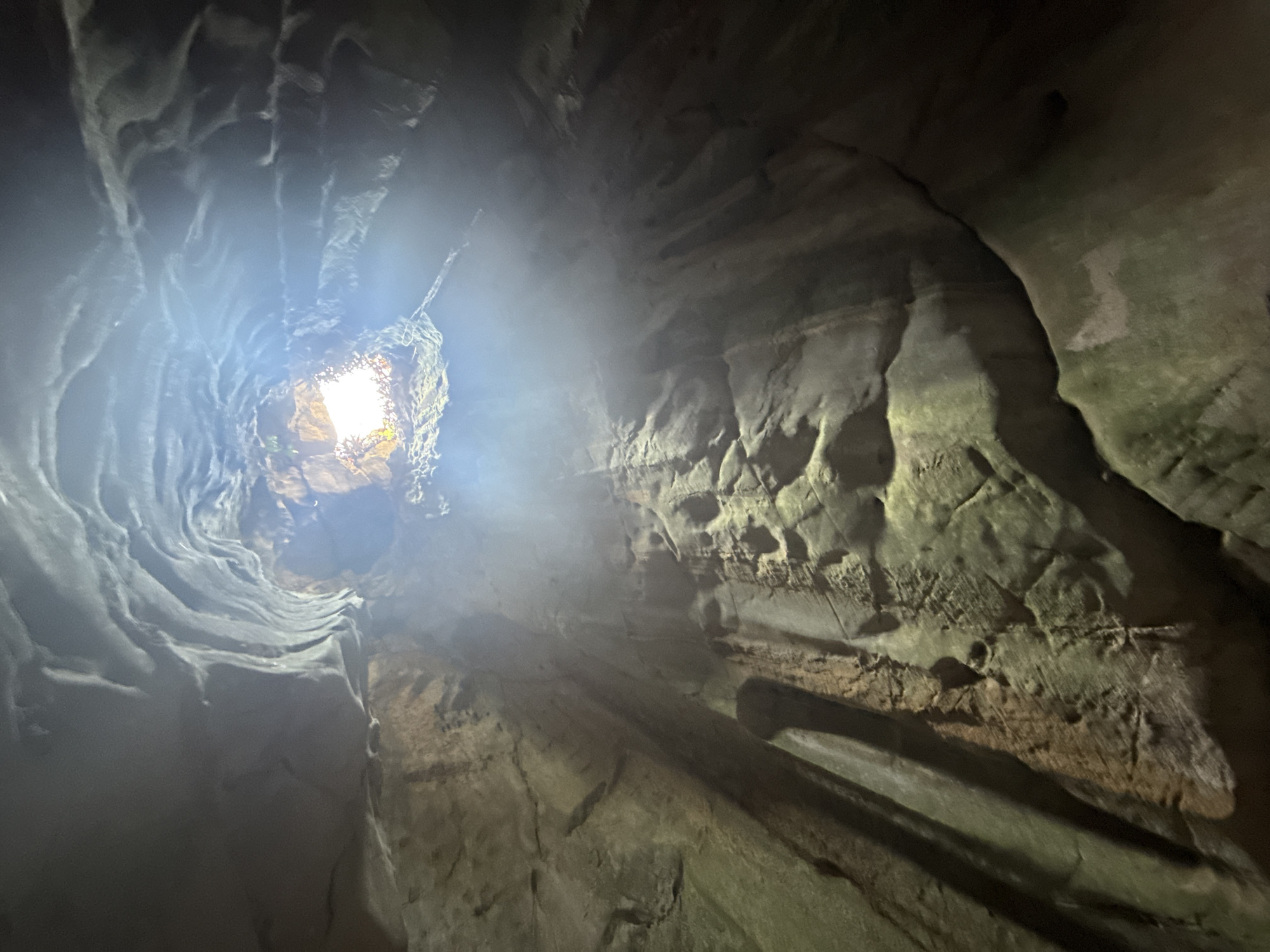 The image depicts a view looking up through a narrow, rocky cavern. Light is streaming in from the top, creating a bright opening surrounded by moss and plants. The walls of the cavern are textured and layered, with varying shades of gray and brown. The location appears to be Marble Mountains, a cluster of limestone and marble hills in Đà Nẵng, Vietnam. The image shows no people or interaction. The environment is damp and shaded except where illuminated by the opening above.