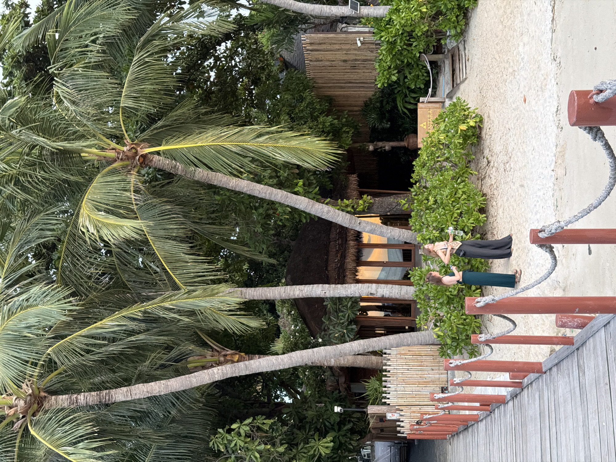 This image depicts a serene beach scene in Baan Bang Rak, Thailand, during the late afternoon or early evening. A wooden boardwalk, lined with red posts and rope railings, extends into the frame from the left. To the right of the boardwalk, a sandy beach is visible, leading to lush green vegetation and several structures with thatched roofs.
Two women are standing on the sand, conversing. One woman, on the left, wears a dark green dress, while the other, on the right, is in a patterned top and dark pants. In the background, a traditional-looking building with wooden walls and a thatched roof features large windows that reflect the warm hues of the setting sun. Tall palm trees, with their fronds casting shadows, dominate the upper portion of the image, suggesting a tropical environment. Several bamboo fences are also visible, adding to the rustic ambiance. The overall atmosphere is peaceful and relaxed, characteristic of a coastal resort.