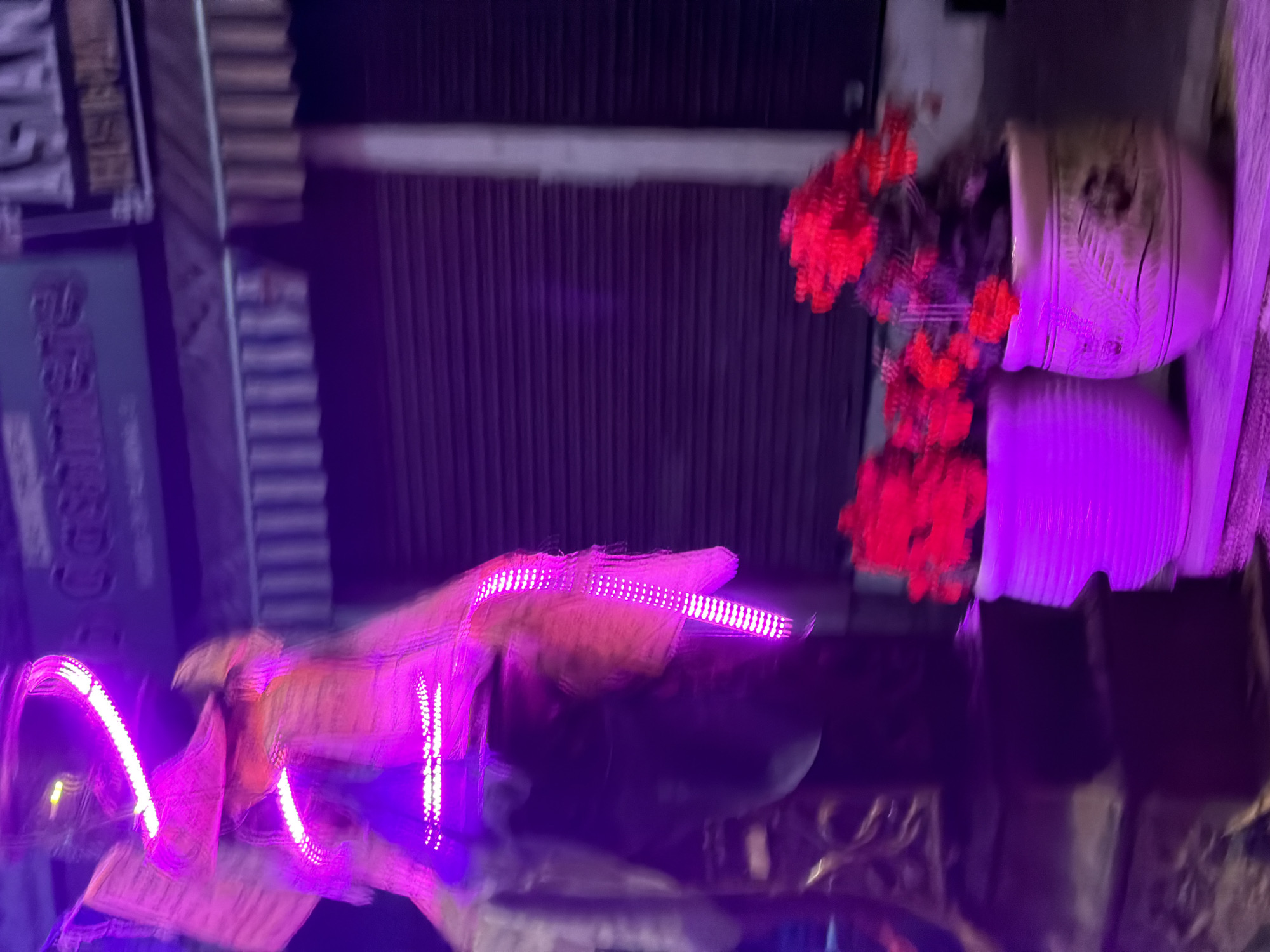 The image depicts a street scene at night, likely in Leh, India, characterized by a strong purple and pink neon lighting effect. In the foreground, two potted plants with vibrant red flowers are visible. The plant on the right is in a decorative beige pot with a textured pattern, while the one on the left is in a simpler, ribbed white pot. These pots are placed on a surface that appears to be a shelf or ledge.
Dominating the left side of the image is a tall, dark, possibly metallic, structure that is partially illuminated by bright pink neon lights wrapped around it. This structure has intricate, ornate detailing at its base. Behind the plants and the neon-lit structure, a building with a dark, corrugated metal facade is visible. Above this facade, a sign is partially visible, displaying the text "CASSMERE" in a blurred, stylized font. Further to the right, another sign reads "ASIAN". The overall impression is of a commercial street, possibly a shopfront, illuminated by colorful, festive lighting. The blurriness of the image suggests movement, either of the camera or the subjects, contributing to a dynamic and somewhat abstract visual. The presence of what appears to be striped awnings above the shops further suggests an outdoor commercial setting.