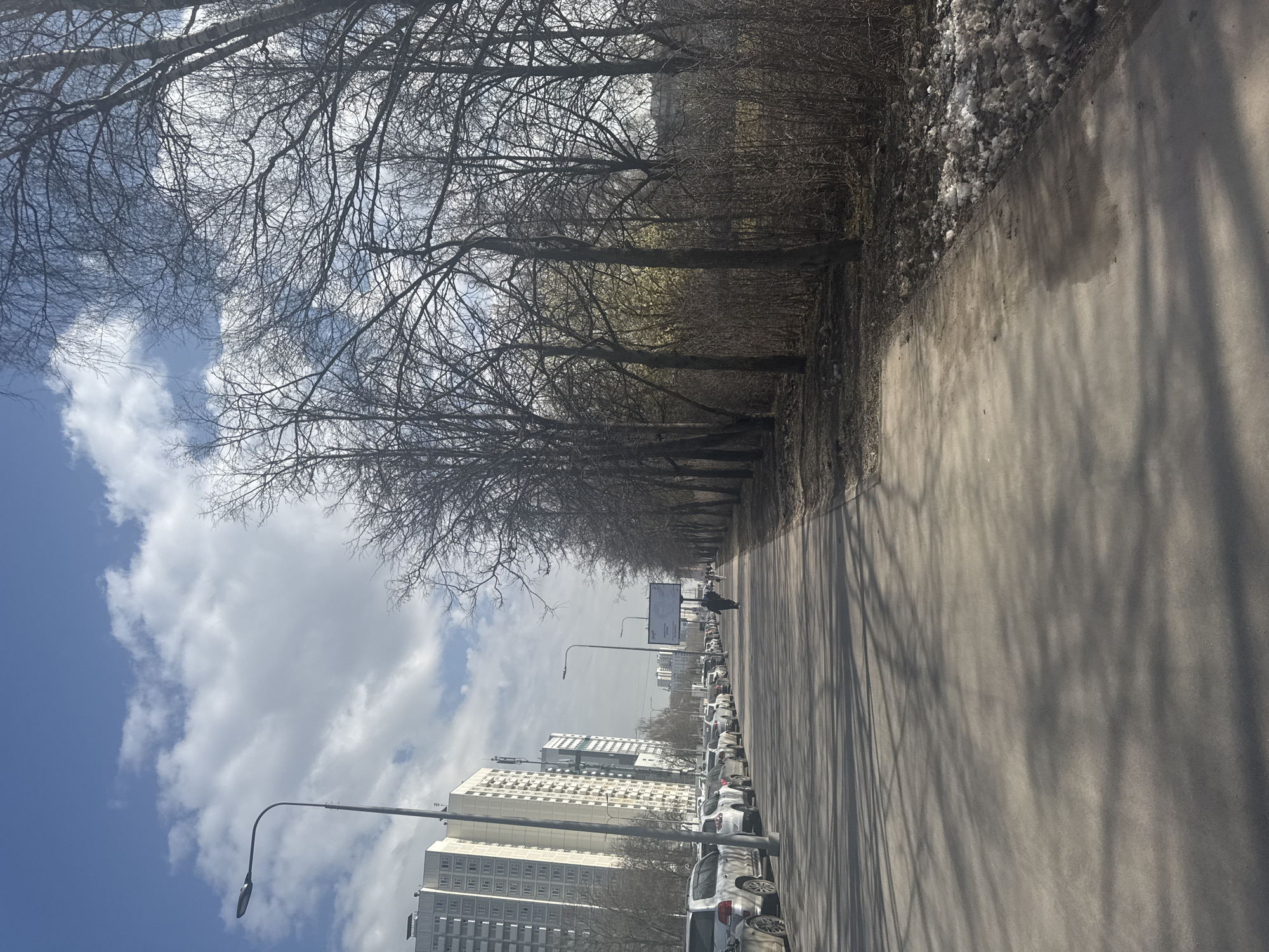 The image shows a street scene in Moscow, Russia, on an overcast day. A row of bare trees lines the left side of the road, their branches reaching towards a sky with scattered clouds and patches of blue. A sidewalk runs along the right side, with remnants of snow and a few parked cars visible in the distance. In the background, tall apartment buildings dominate the horizon. There is a pedestrian walking on the right side of the road. Streetlights are visible along the side of the road. The scene conveys an urban environment transitioning from winter to spring.
