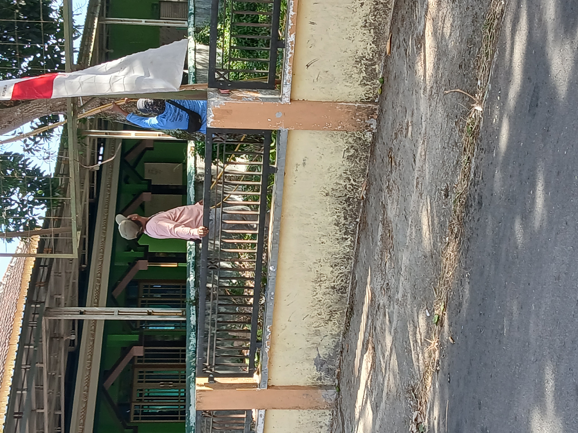In the city of Pejaten, Indonesia, two individuals are near a tree and a red and white flag. One person, wearing a pink shirt and a tan cap, stands looking upwards. The other person, in a blue shirt and a dark face covering, is reaching towards the flag. In the background, a green building with a tiled roof and a metal fence is visible. The ground in the foreground is asphalt, with some debris scattered on it. Sunlight casts shadows on the ground, suggesting a clear day.