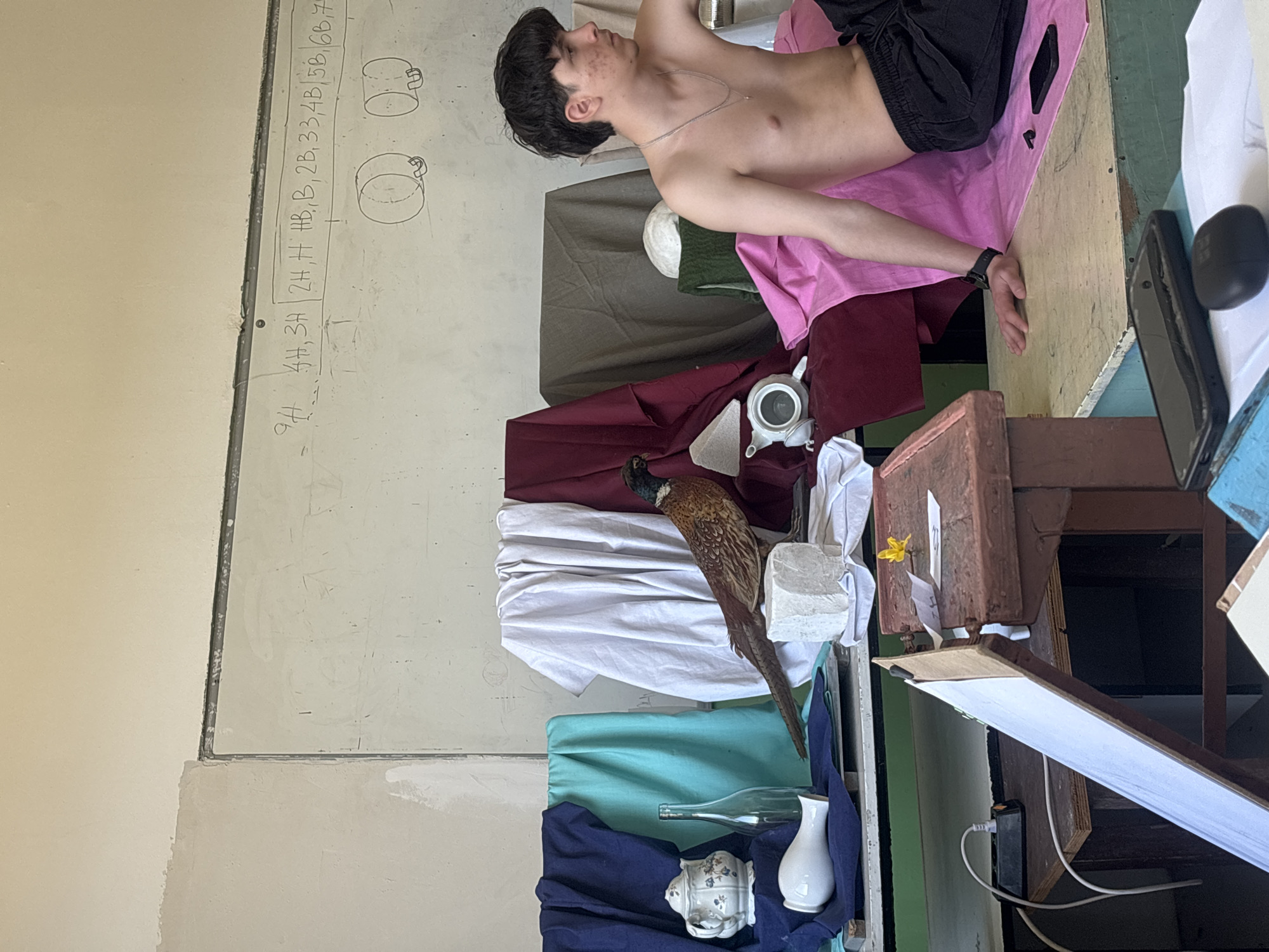 This image, taken in Troyan, Bulgaria, depicts an art class or studio setup, rotated 90 degrees counter-clockwise from its upright orientation. When viewed correctly, the scene features a young man posing as a live model alongside two separate still life arrangements.
The model, a bare-chested young man with dark hair, wears black shorts, a wristwatch on his left arm, and a thin necklace. He is lying on his back on a pink fabric draped over a surface, with his head turned to his left.
To his right, a still life arrangement is set up on burgundy and dark green fabrics. It includes a taxidermied pheasant, a white ceramic teapot, and a white, angular block of material. Below this, another still life features a clear glass bottle, a white ceramic vase, and a small decorative white ceramic object, all arranged on teal and dark blue fabrics.
The background consists of a large whiteboard with handwritten text and simple geometric drawings, primarily sketches of cylindrical objects. To the left of the whiteboard, a light-colored wall is visible. Various wooden structures, possibly parts of easels or tables, support the arrangements. A small yellow flower is tucked into one of these wooden beams. On a wooden surface near the model, a smartphone and black earbuds are visible. A power adapter and cable can be seen below some of the wooden structures.
Visible text on the whiteboard lists pencil hardness grades: "9H, 4H, 3H 2H, H HB, B, 2B, 33, 4B/5B, 6B, 7".