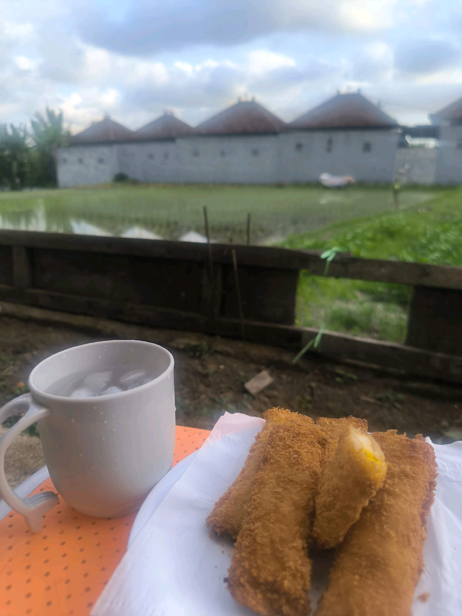 A close-up shot shows a white mug filled with ice and water, and a plate of fried snacks on an orange table. In the background, a body of water, possibly a flooded rice field, is visible, with a wooden fence separating it from a row of uniform, grey buildings with reddish-brown roofs. The buildings appear to be part of a residential complex or resort, suggesting the location is Tabanan, Indonesia, a region known for its rice paddies and tourist accommodations. The sky is overcast with clouds.