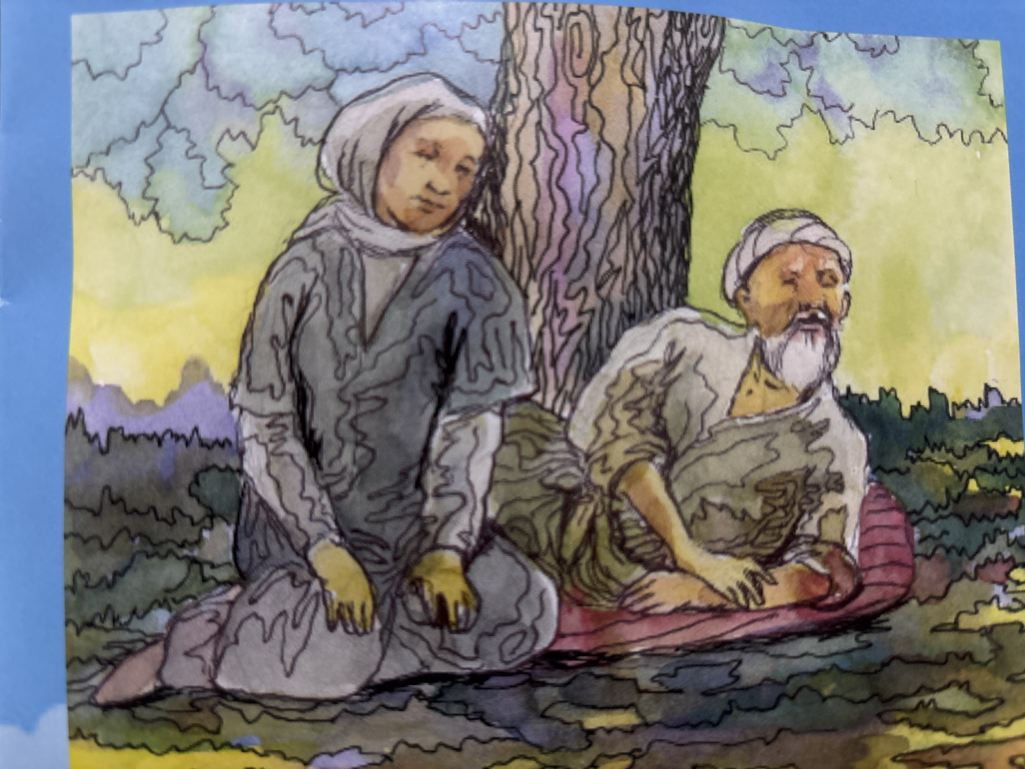 This is a watercolor illustration depicting two people sitting beneath a tree. On the left, a person wearing a grey headscarf and a dark blue tunic is kneeling, leaning against the tree trunk. Their head is tilted downwards, and their eyes are closed or downcast. To the right, an older person with a white beard and wearing a light-colored turban and a patterned tunic is seated, leaning back against a red cushion. Their eyes are also closed or downcast. The background shows the stylized trunk of a tree with purple and brown vertical strokes, and green and yellow foliage and sky. The ground beneath them is depicted with dark green and brown abstract shapes. The scene conveys a sense of rest or contemplation in an outdoor, natural setting. The artwork does not contain any elements or context that would allow for its specific location within the city of Жамбыл, Kazakhstan.