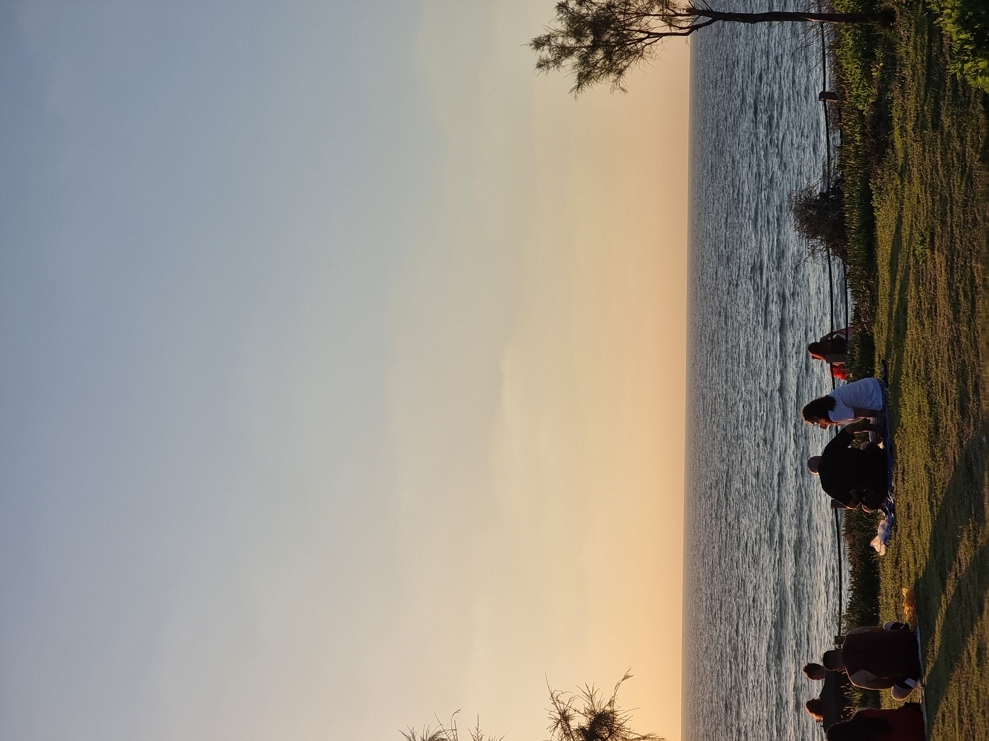 The image depicts a group of people enjoying a sunset picnic on a grassy area overlooking the Mediterranean Sea in Palmachim, Israel. The sky transitions from a light blue at the top to a warm orange hue near the horizon, indicative of the setting sun. The sea is a deep blue with gentle waves. In the foreground, several individuals are seated on blankets on the grass, some facing the sea. Two trees frame the scene on the left and right edges.