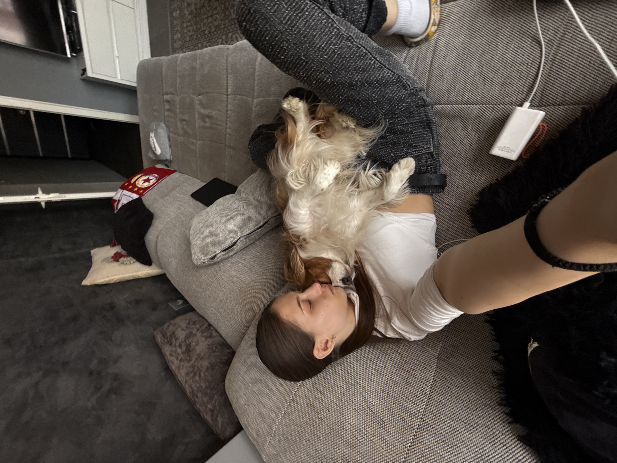 A woman lies on a gray sofa with a Cavalier King Charles Spaniel resting upside down on her. The woman is wearing a white T-shirt and dark trousers, while the dog is resting on her chest and stomach. The photo is taken from a close angle. The location is a residential interior; the city of Sofia, Bulgaria, cannot be ascertained from the given image.
