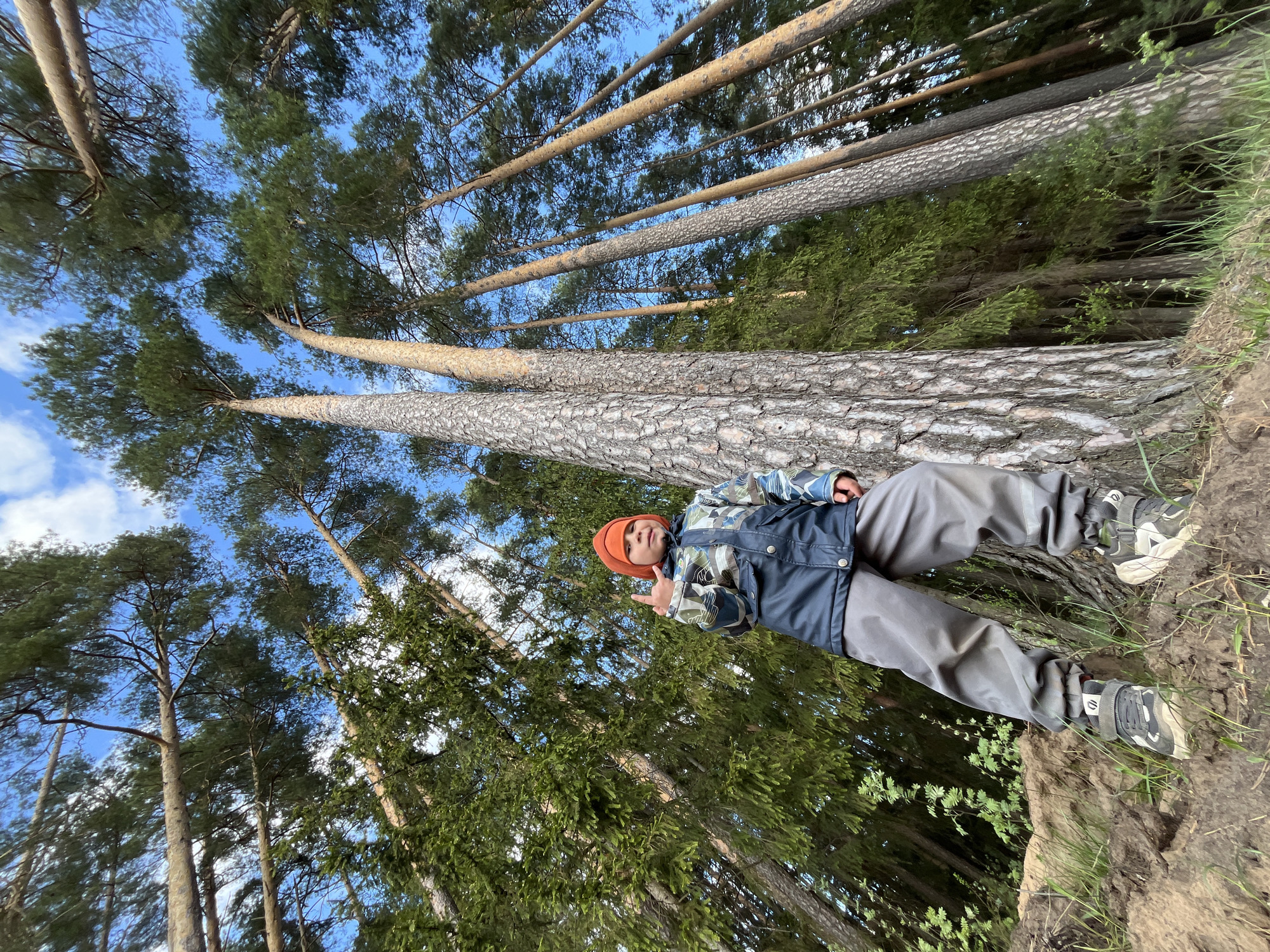The image shows a boy lying on a small grassy slope within a pine forest. He is wearing an orange beanie, a jacket with a blue body and patterned sleeves, and gray pants with black and white sneakers. He is making a hand gesture with his left hand. The tall, straight pine trees dominate the background, reaching toward a blue sky with scattered white clouds. The location is Chaikovsky, Russia.