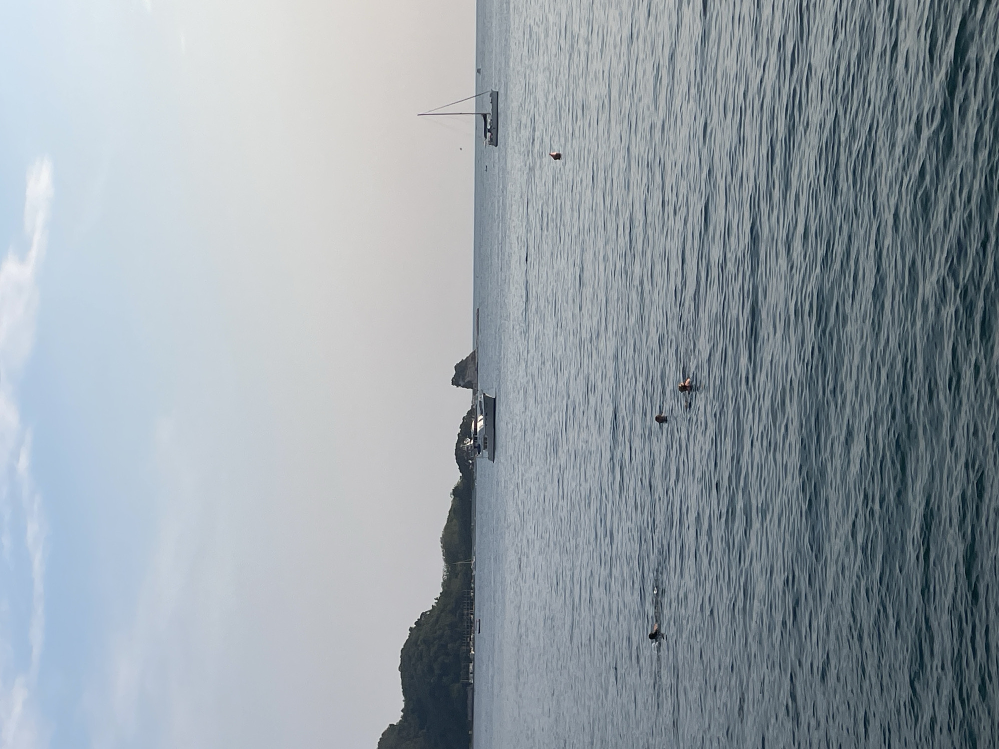 The image depicts a tranquil scene of the Adriatic Sea off the coast of Budva, Montenegro. The sun is high in the sky, suggesting it is midday or early afternoon, with bright, clear weather indicated by the pale, washed-out sky. The sea is calm, with gentle ripples disturbing its surface, reflecting the soft light.
In the water, several people are visible, appearing to be swimming or enjoying the sea. They are scattered across the frame, some closer to the shore and others further out. A few small buoys or markers are also present in the water.
Further out in the sea, two boats are anchored. The larger one is a white sailboat, its mast and rigging clearly defined against the sky. A smaller boat is positioned closer to the shoreline.
The background is dominated by a lush, green, hilly coastline, characteristic of the region. Some buildings are visible nestled amongst the trees along the base of the hills, hinting at a town or resort area. The overall atmosphere is peaceful and idyllic, conveying a sense of leisure and relaxation in a beautiful coastal environment. No visible text is present in the image.