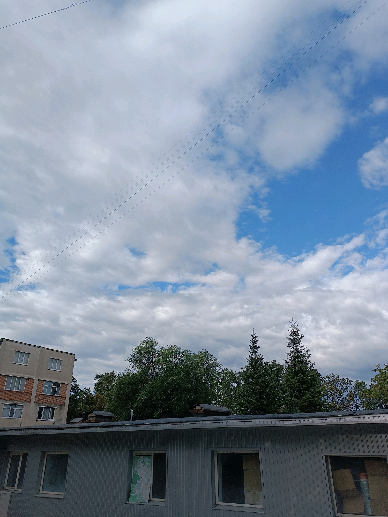 The image shows an outdoor scene featuring a cloudy sky with patches of blue. In the foreground, a long, gray, prefabricated building with multiple windows is visible. To the left of this building, a section of a larger, multi-story apartment building with windows and balconies is partially visible. Behind these buildings, a dense line of green trees, including some tall evergreen trees, forms a backdrop. Several thin wires are strung diagonally across the sky. The overall impression is of an urban or semi-urban environment on a partly cloudy day. The specific location in Chișinău, Moldova, cannot be determined from the visual information provided. There are no people or animals in the image.