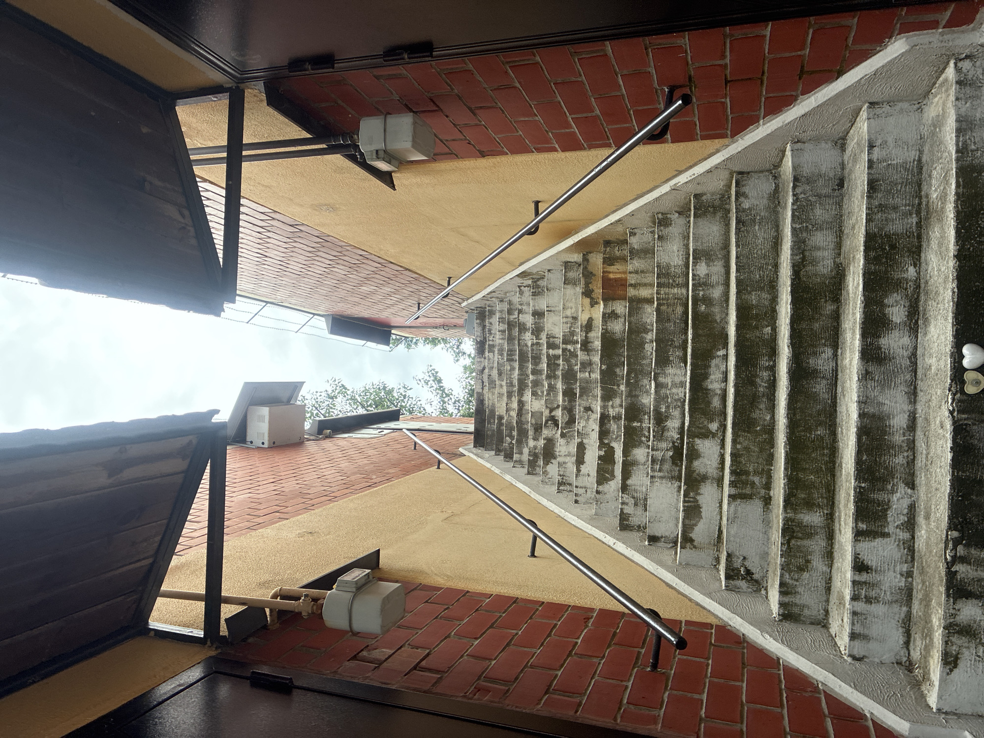 This is a low-angle, full-shot, eye-level, outdoor photograph taken in Sochi, Russia. The image depicts a symmetrical view of an outdoor concrete staircase leading upwards. The staircase has a metal handrail on each side and is flanked by two buildings. The building on the left has a red brick wall and a yellow stucco section, with a dark brown door and a black awning above it. A white utility meter is attached to the yellow stucco. The building on the right mirrors the left side, with a dark brown door, black awning, and a white utility meter. Both buildings have wooden beams supporting the awnings. The sky above is overcast and a few green trees are visible at the top. The concrete steps appear weathered and somewhat dirty, with moss or algae growth visible. Two small heart-shaped ornaments, one white and one light yellow, are visible on the bottom step.