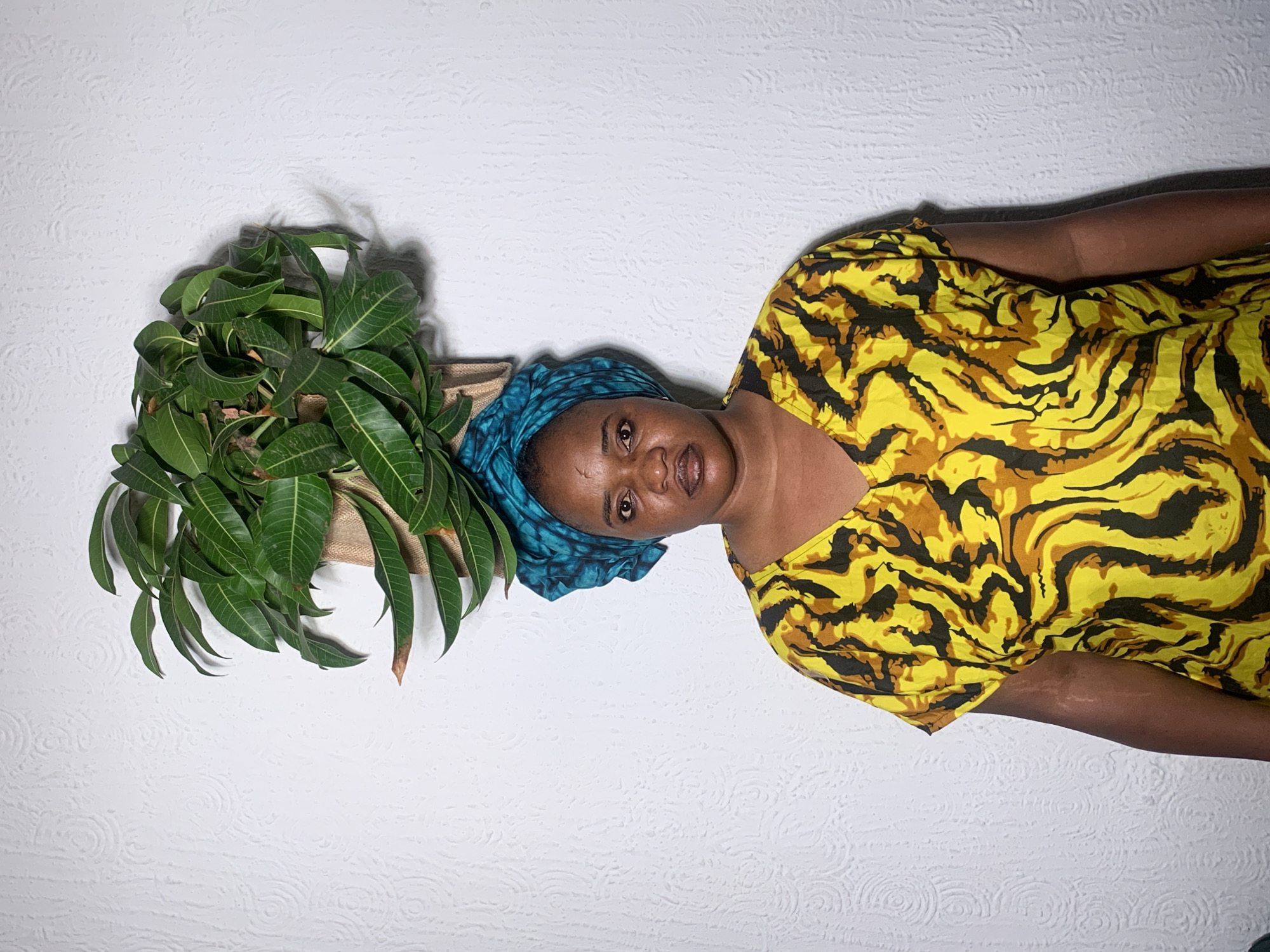 A woman is positioned next to a potted plant in an indoor environment, likely a home in the city of Barakin Akawo, Nigeria. The woman is wearing a yellow and black patterned top, with a blue headwrap. The potted plant has long green leaves and is placed next to her head. The background is a white wall with a textured pattern. The image is rotated approximately 90 degrees counterclockwise.