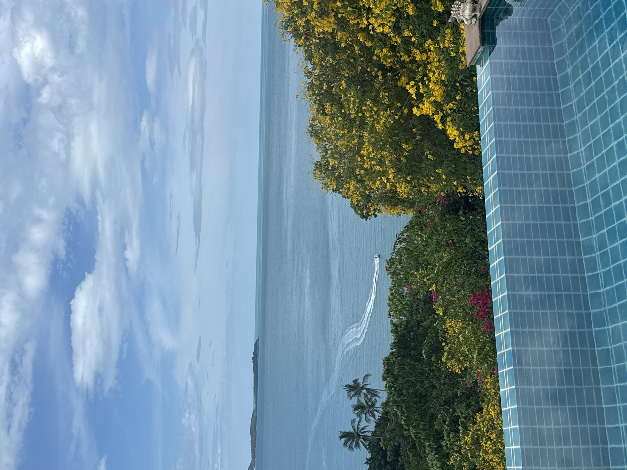 An aerial view captures an infinity pool in the foreground, its turquoise tiles reflecting the sky. Beyond the pool, a lush green landscape descends towards a tranquil blue ocean. Palm trees dot the hillside, and vibrant yellow flowers bloom amidst the foliage. In the distance, a small boat leaves a white wake on the water, and islands form a hazy silhouette against the horizon. The sky is a soft blue, adorned with scattered white clouds. This scene is likely from a resort or private villa in a scenic coastal area of Ko Samui District, Thailand.