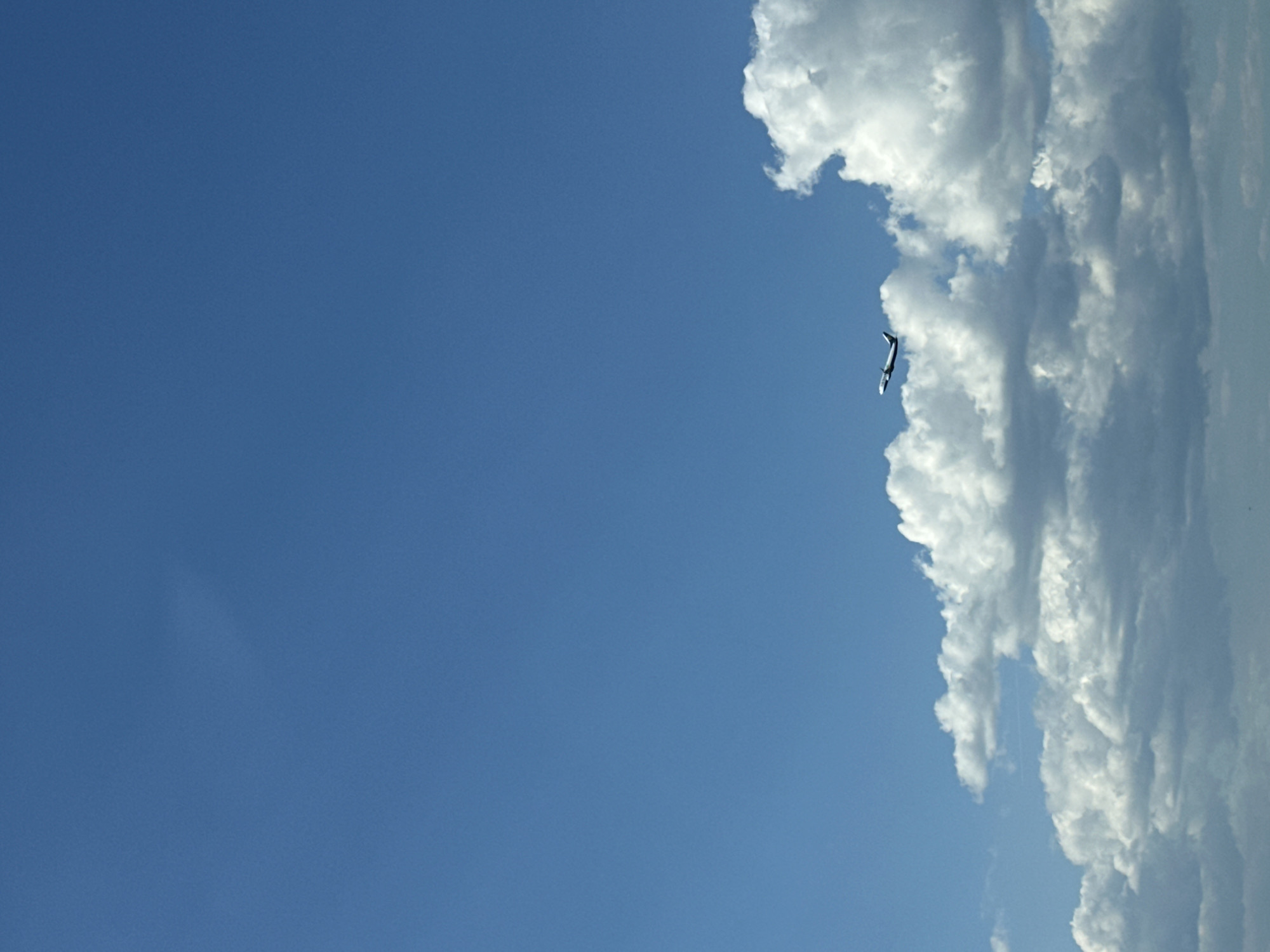 The media file displays a bright, clear blue sky dominating the majority of the frame. White, voluminous cumulus clouds extend across the lower and right portions of the image, appearing to form a dynamic cloud bank or horizon line. A small passenger airplane is visible in the upper-right section, positioned against the blue sky and slightly above the main cloud formation. The plane, dark in color with a distinctive tail fin, appears to be in flight, either ascending or traveling from right to left across the sky.
The scene suggests a sunny daytime setting with excellent visibility and fair weather conditions. There are no other discernible objects, people, or activities apart from the airplane. The image is free of any visible text or specific location cues, though it is contextualized as being taken in Sofia, Bulgaria. The overall impression is one of open expanse and distant travel.