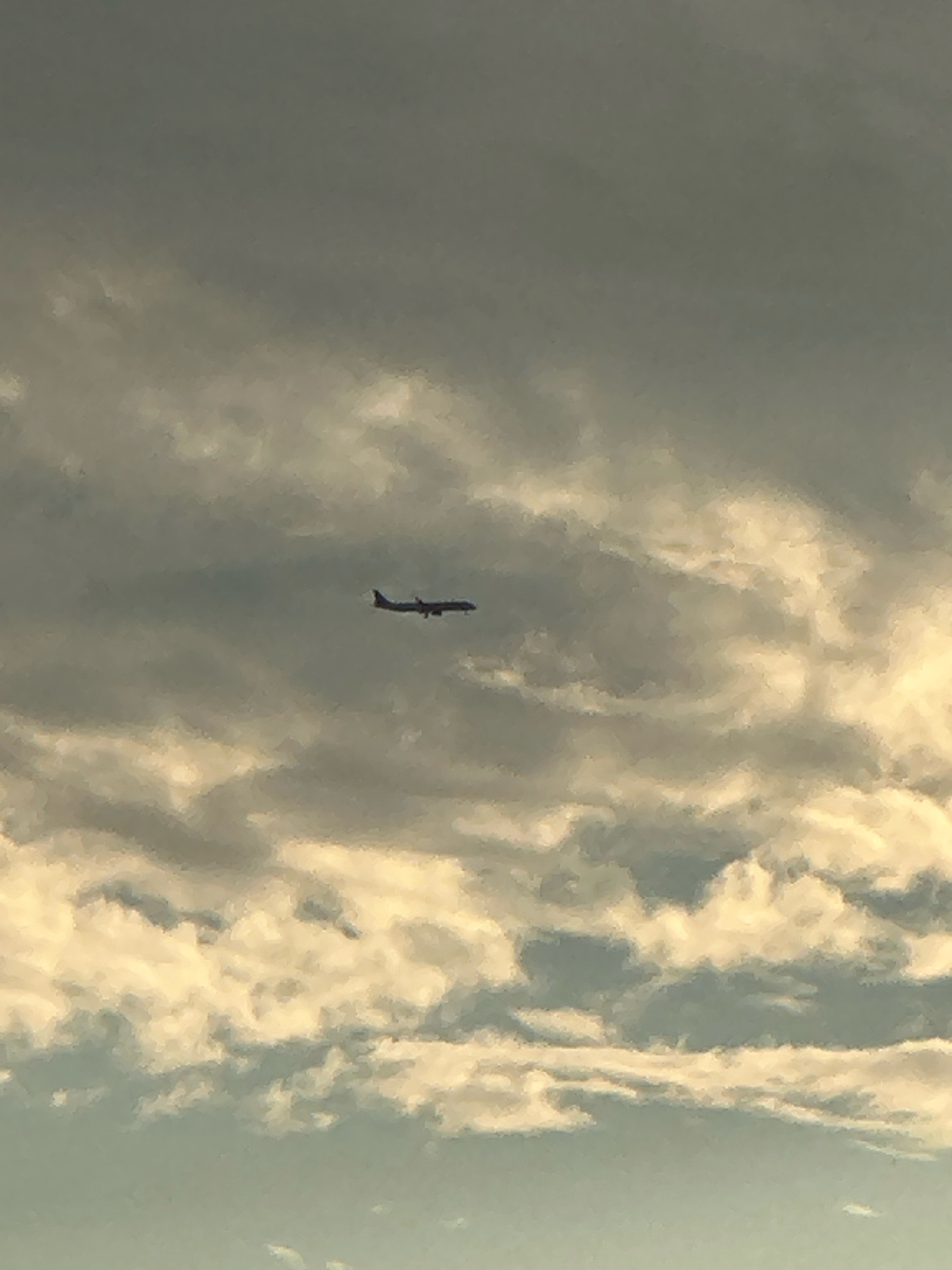 An airplane is seen in silhouette against a sky filled with clouds. The airplane is dark blue and is flying horizontally across the frame, with its nose pointing to the left. The clouds are a mix of gray and white, with some areas appearing illuminated by the sun. The overall impression is of a daytime scene with overcast or partly cloudy skies. There is no indication of the city of Boreti, Montenegro, in the image.