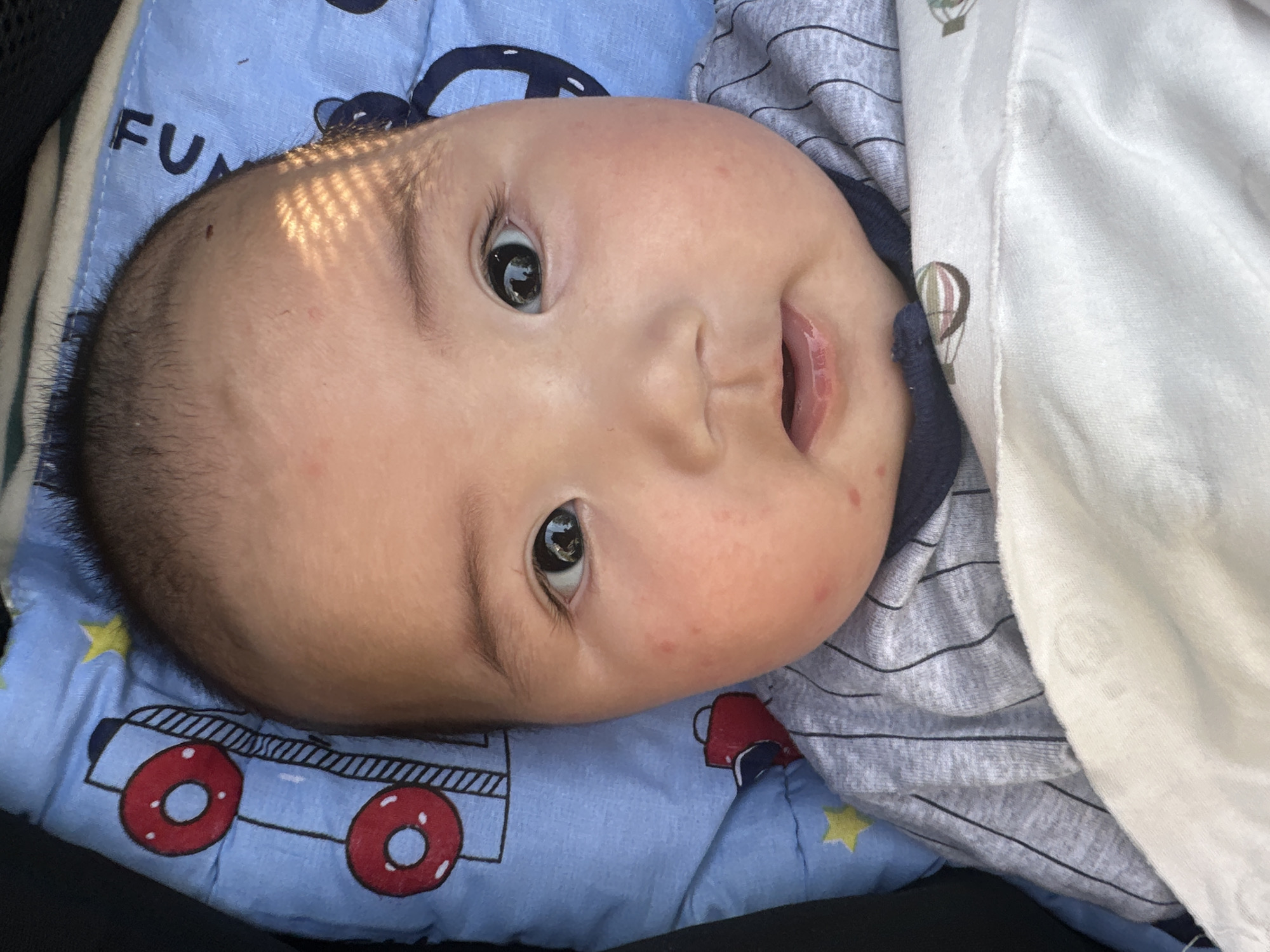 A close-up, top-down shot features a baby lying on a blue blanket with a playful truck pattern. The baby's head is tilted, and their face is the central focus, with a hint of a smile. Sunlight casts striped shadows across the baby's forehead. The baby wears a gray and white striped shirt. A white blanket is draped over the right side of the frame, obscuring part of the baby and the background. The blue blanket beneath the baby has a repeating pattern of yellow stars and cartoon trucks with red wheels. The phrase "FUN" is visible in dark blue lettering on the blanket near the baby's head. The scene appears to be outdoors, given the natural light and shadows. The overall mood is calm and serene, capturing a tender moment with the baby.