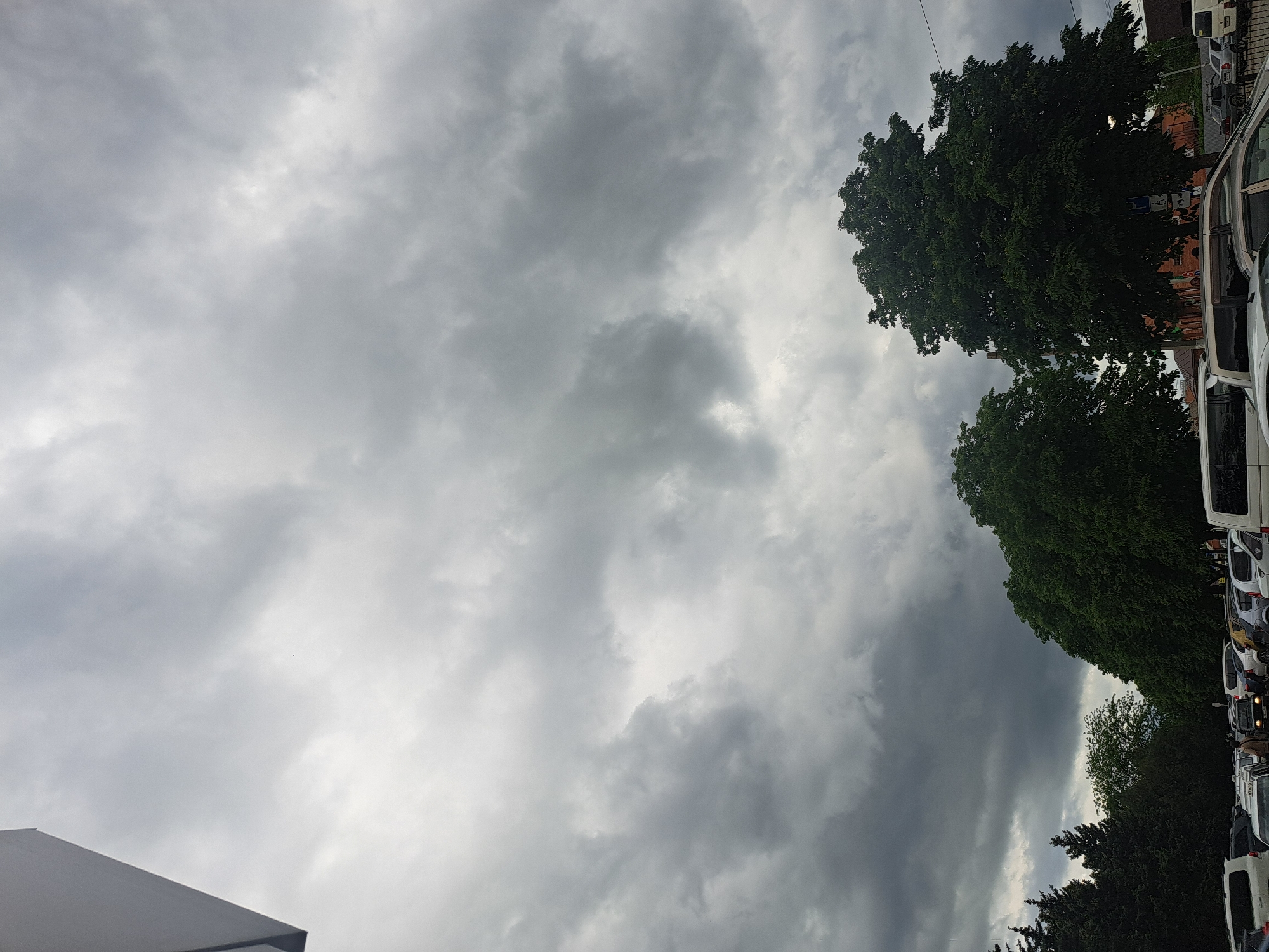 The image depicts a cloudy sky above Leningradskaya, Russia. Trees line the right side of the frame, and a row of parked vans are visible to the right of the trees. A portion of a building is visible in the lower left corner of the image. There are no people visible in the image.
