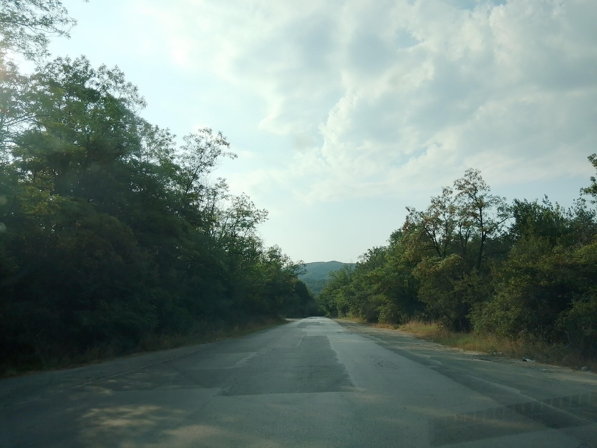 An eye-level, medium shot captures a gray, asphalt road stretching into the distance through a dense forest on either side. The road appears aged, with visible patching and wear. Lush green trees with varying shades of foliage line both sides of the road, their branches reaching towards the sky. The sky above is a mix of pale blue and white clouds, with sunlight filtering through, casting dappled shadows on the road surface. In the far distance, gentle hills covered in trees are visible. The overall impression is one of a scenic, somewhat rural, road through a wooded area.
