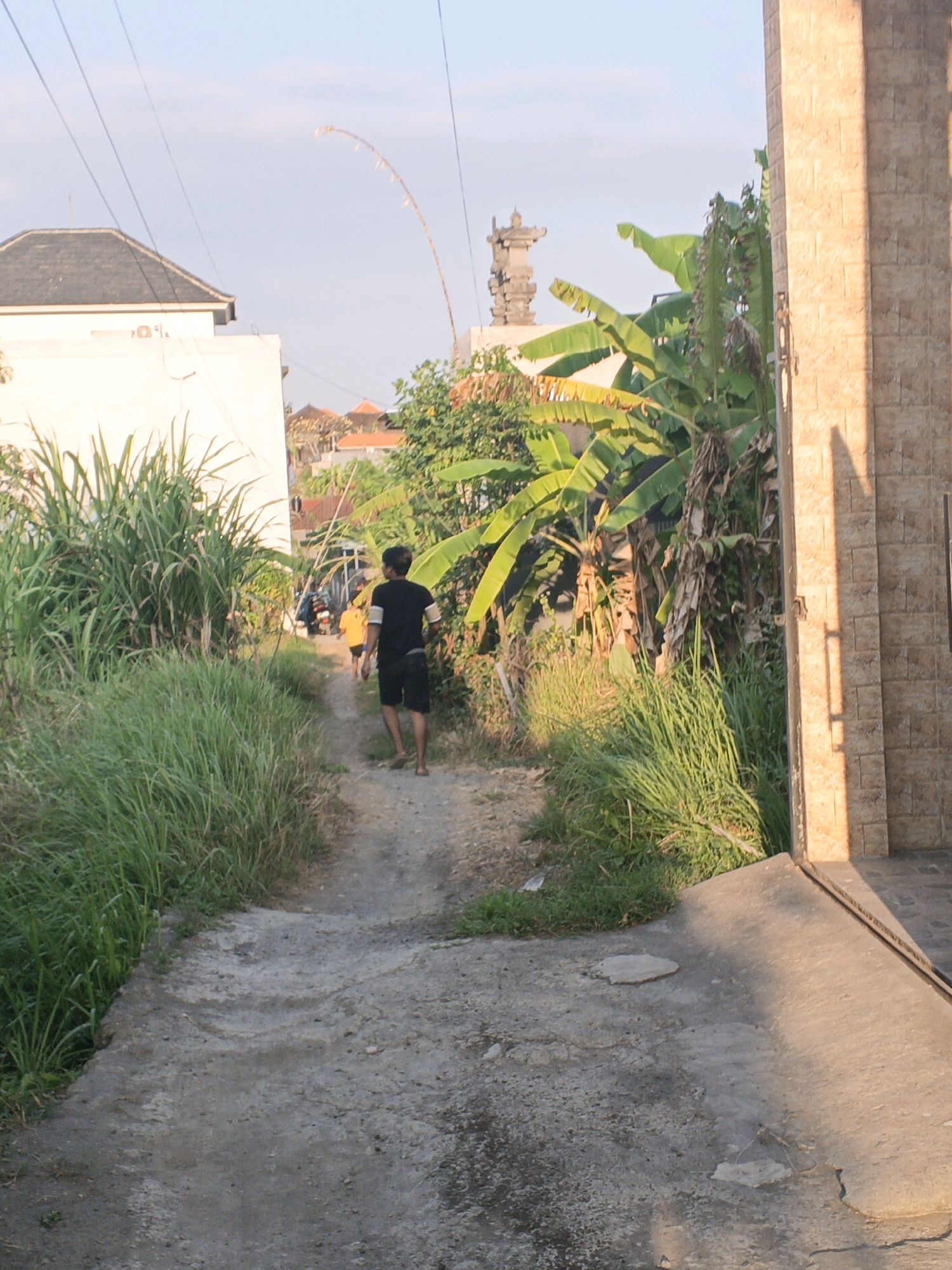 The image depicts a narrow dirt path winding through lush vegetation, with a man in a black t-shirt and shorts walking away from the camera. He is on the right side of the path, with his back to the viewer. To his left, another person in a yellow shirt is further down the path. The path is flanked by tall green grass and banana trees, with a white building visible in the background on the left. A building with a tiled facade, casting a shadow, is on the right edge of the frame. The sky is light blue with a few wispy clouds. In the far background, a stone structure resembling a temple or pagoda is visible. The scene appears to be in a rural or semi-rural setting, consistent with areas around Sukawati, Indonesia, known for its traditional markets and cultural sites. The lighting suggests it is late afternoon or early morning.
