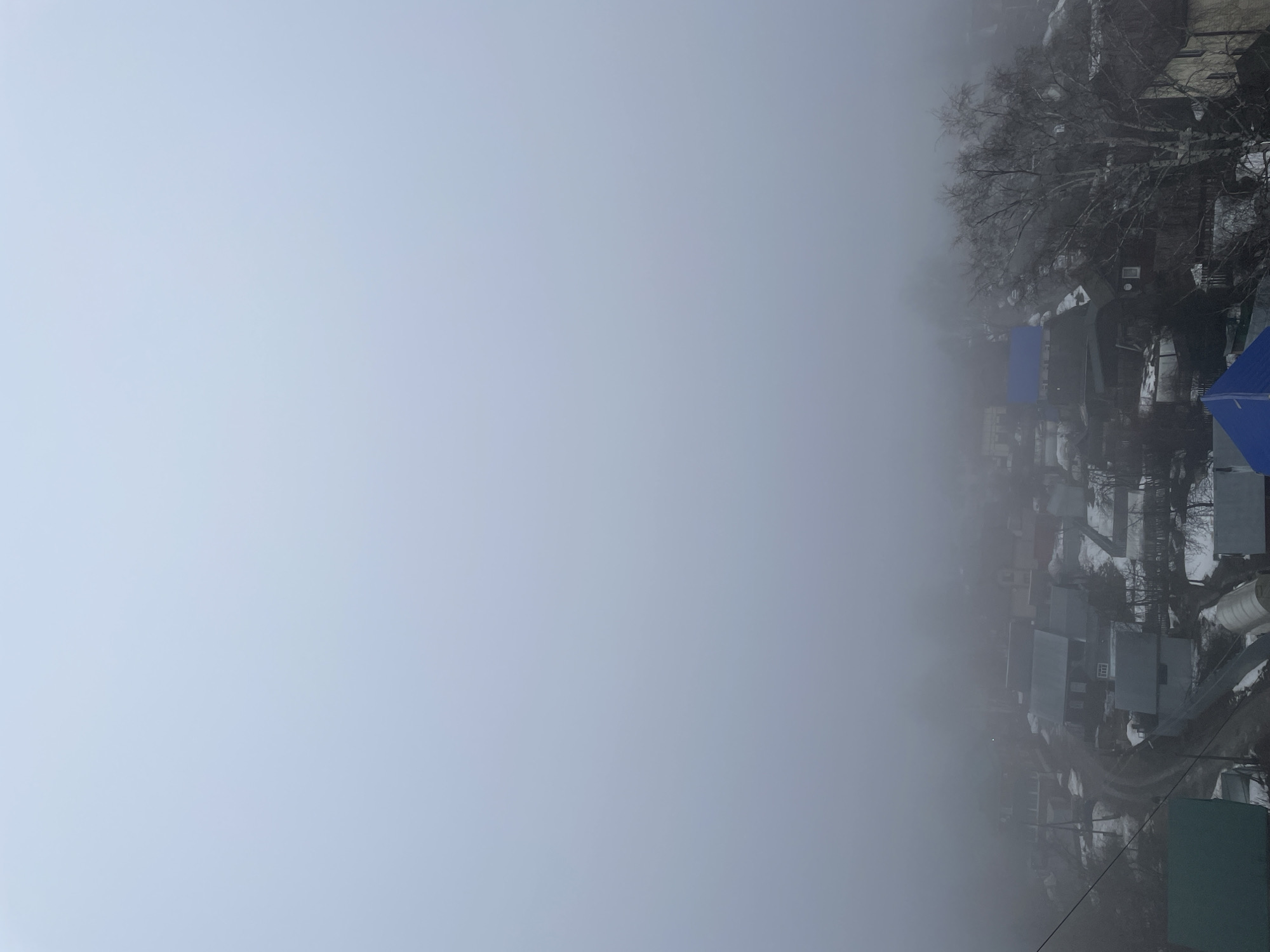 The image shows a neighborhood in Izhevsk, Russia, shrouded in heavy fog. The houses, visible on the right side of the frame, are a mix of single-story and multi-story structures, some with blue roofs. Bare trees are interspersed among the buildings. The sky is obscured by a thick layer of fog. There are no people visible.