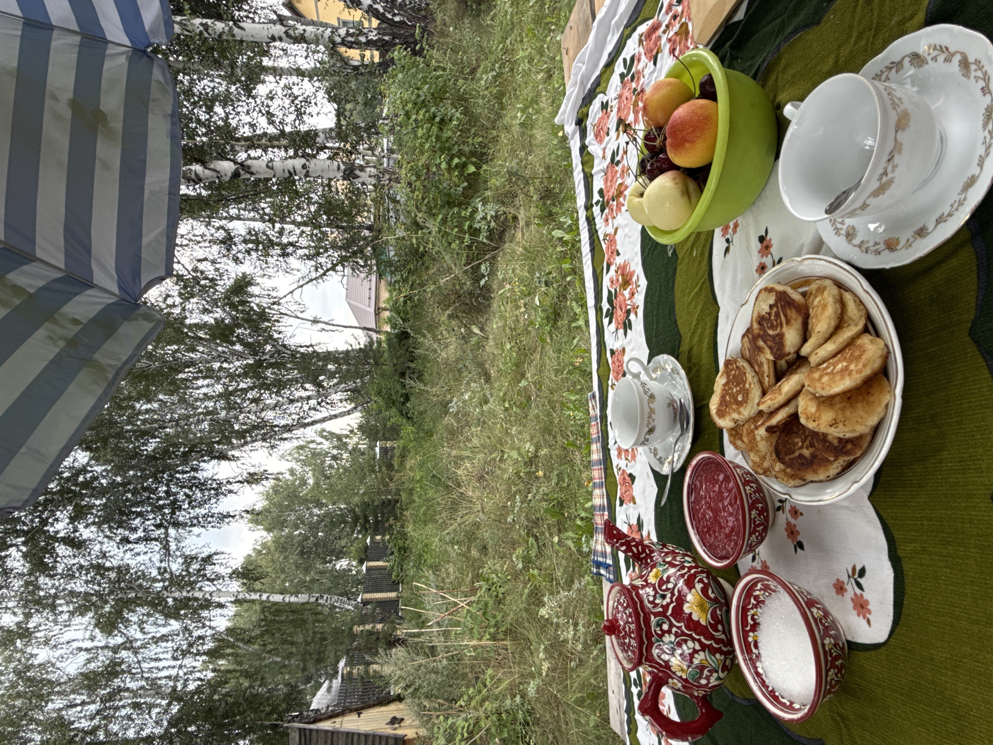 An outdoor picnic scene unfolds on a table covered with a patterned tablecloth, featuring a red and white patterned teapot, a bowl of sugar, a bowl of jam, a plate of pancakes, and a fruit bowl filled with peaches, cherries, and pears. Two teacups and saucers are also present. In the background, birch trees, a wooden fence, and a house suggest a rural or suburban setting, possibly in Kremenkul', Russia. An umbrella is partially visible, providing shade. The overall atmosphere is peaceful and leisurely.