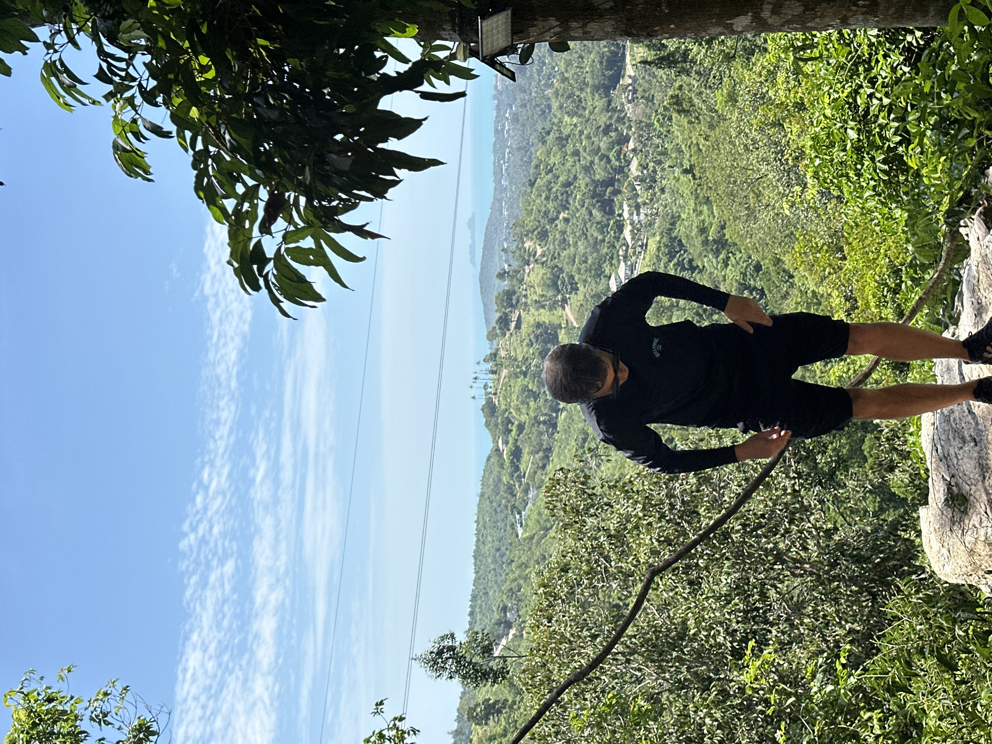 A full-body, eye-level shot captures a man standing on a rock on a hillside overlooking a lush, green landscape with the ocean and islands in the distance. The man, wearing a black long-sleeved shirt and black shorts, faces away from the camera and looks down at the ground. The scene is set in the Ko Samui District of Thailand, where the tropical foliage and the distant turquoise waters suggest a serene, natural environment. A thick tree trunk on the right side of the frame, along with vibrant green leaves and branches, frame the upper portion of the image, creating a sense of depth. Power lines are visible horizontally across the sky, indicating the presence of human infrastructure within the natural setting. The sky is clear blue with scattered white clouds.